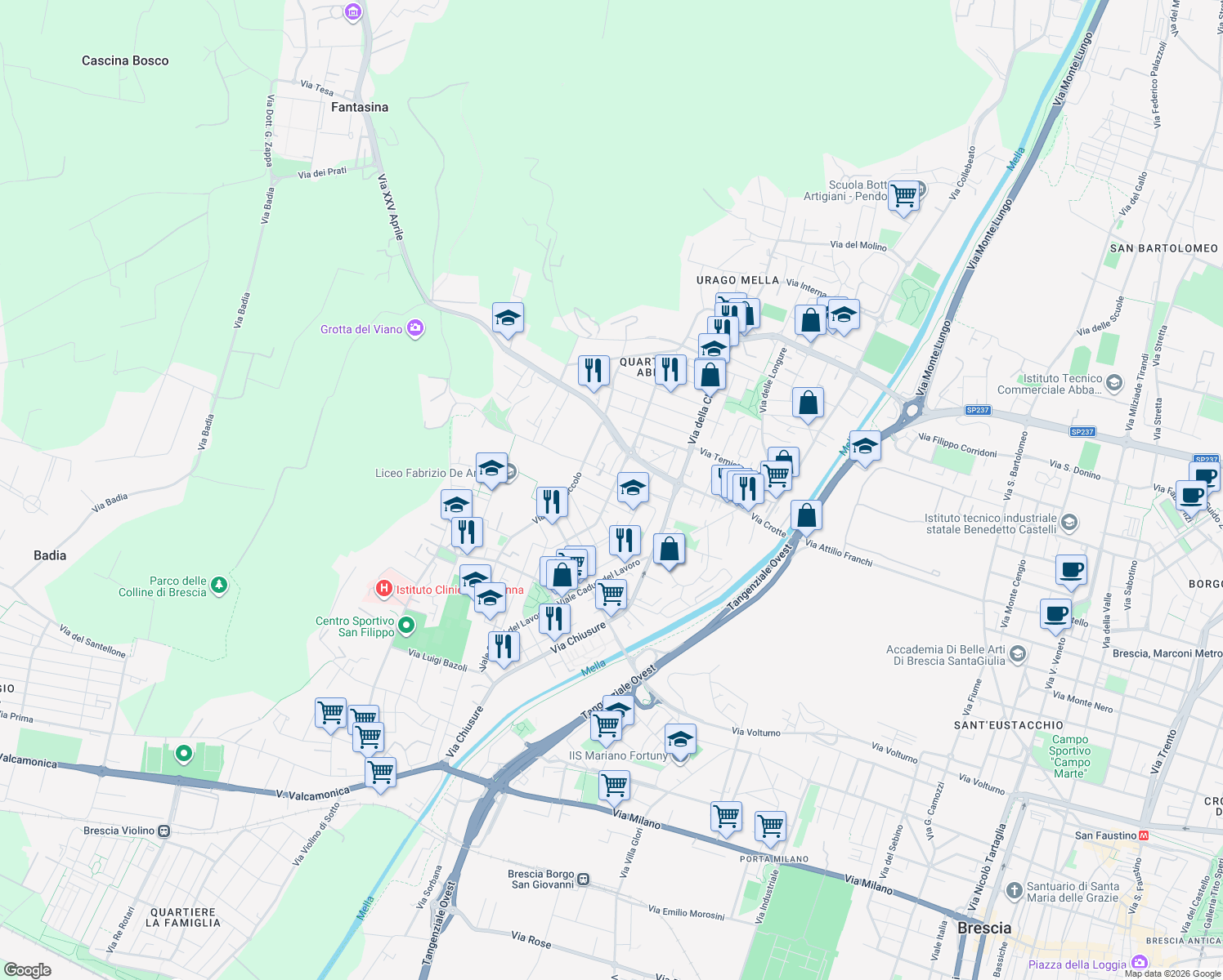 map of restaurants, bars, coffee shops, grocery stores, and more near 50 Via dei Cominazzi in Brescia