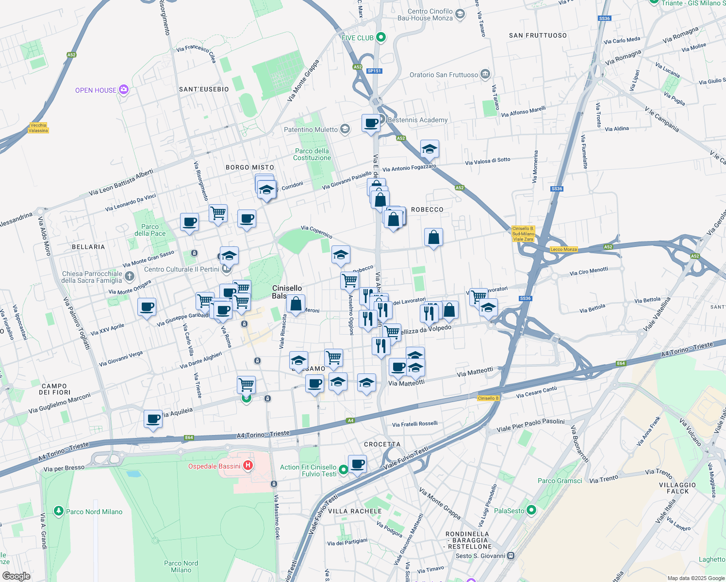 map of restaurants, bars, coffee shops, grocery stores, and more near 18 Via Alfredo Guazzoni in Cinisello Balsamo
