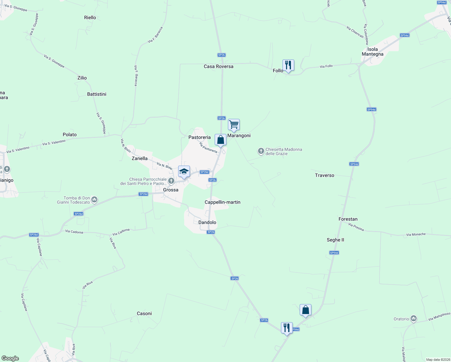 map of restaurants, bars, coffee shops, grocery stores, and more near 15 Via Indipendenza in Grossa