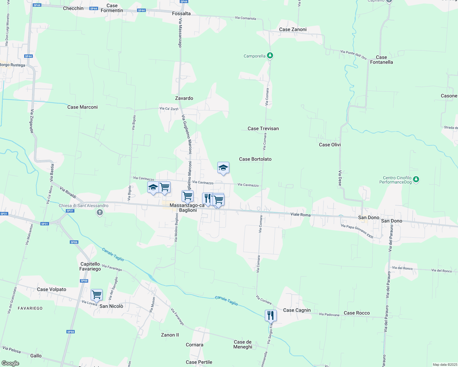 map of restaurants, bars, coffee shops, grocery stores, and more near 37 Via Cavinazzo in Massanzago-ca' Baglioni
