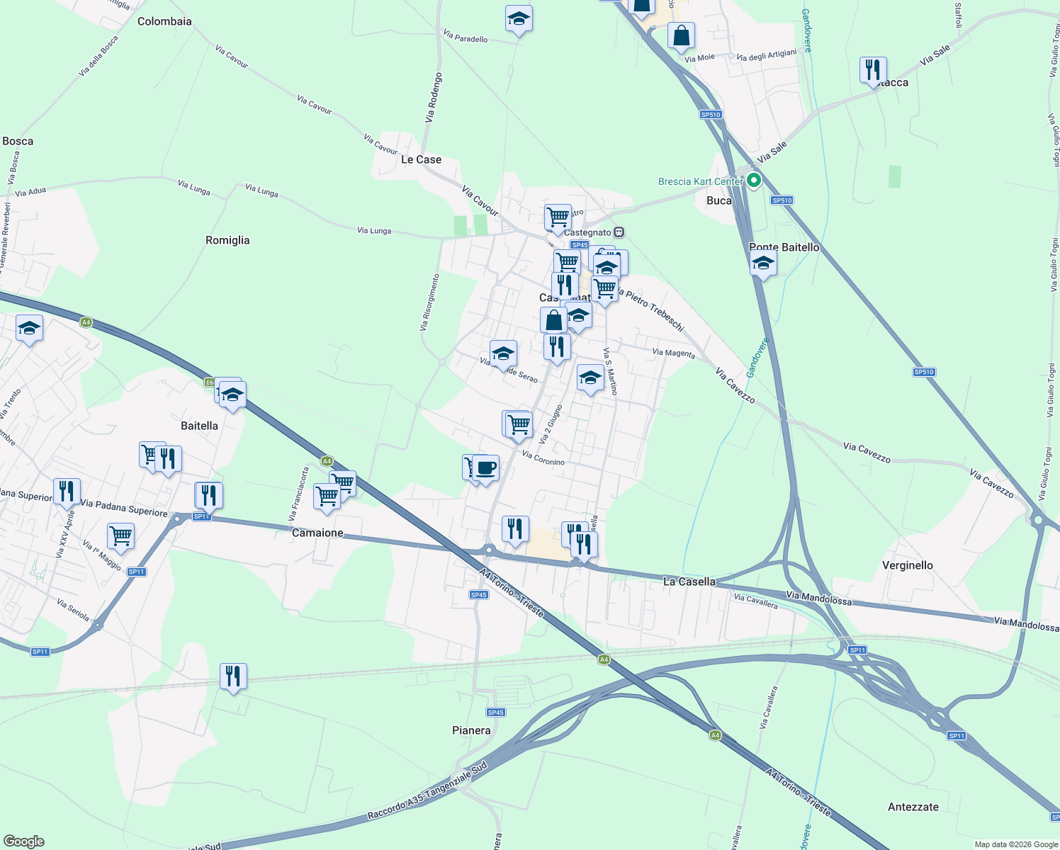 map of restaurants, bars, coffee shops, grocery stores, and more near 59 Via Francesco Franchi in Castegnato