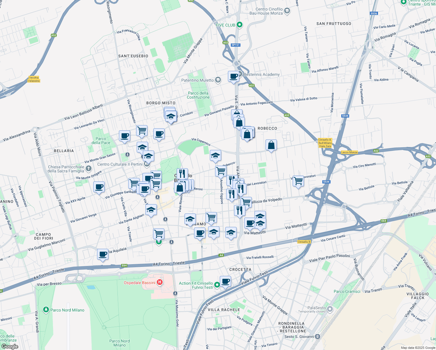 map of restaurants, bars, coffee shops, grocery stores, and more near 11 Via Anselmo Oggioni in Cinisello Balsamo