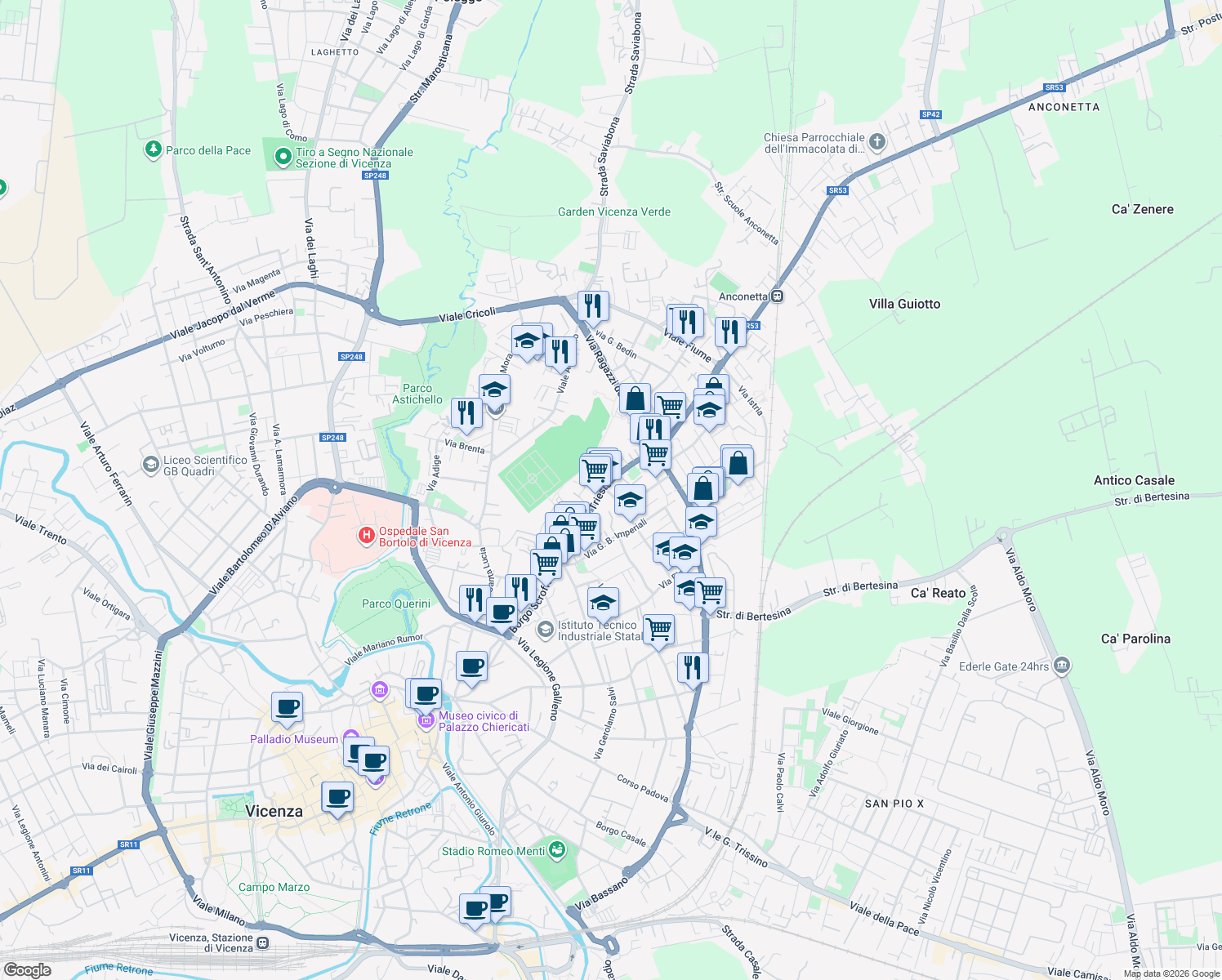 map of restaurants, bars, coffee shops, grocery stores, and more near 3 Via Alessandro Massaria in Vicenza
