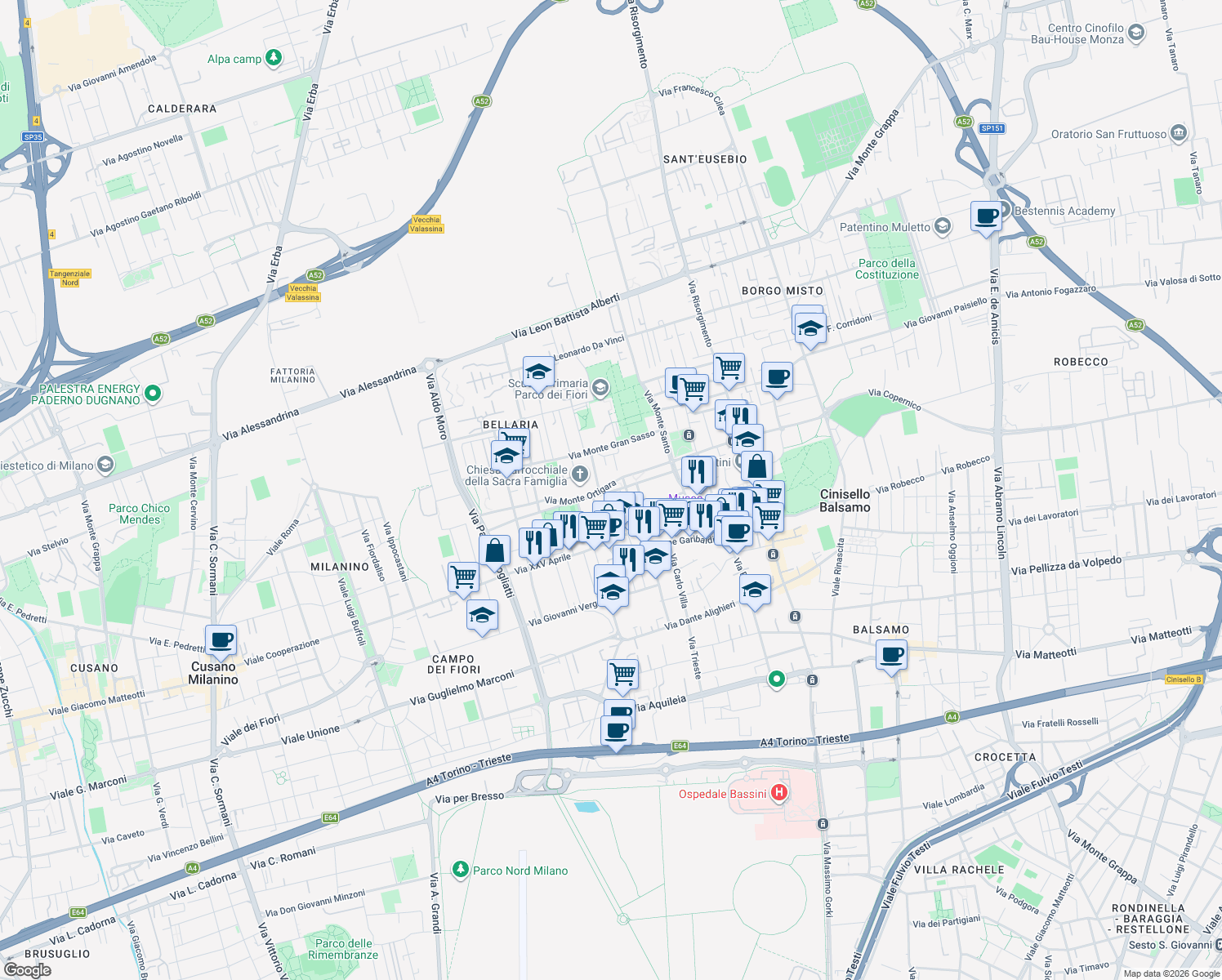 map of restaurants, bars, coffee shops, grocery stores, and more near 36 Via Lodovico Ariosto in Cinisello Balsamo
