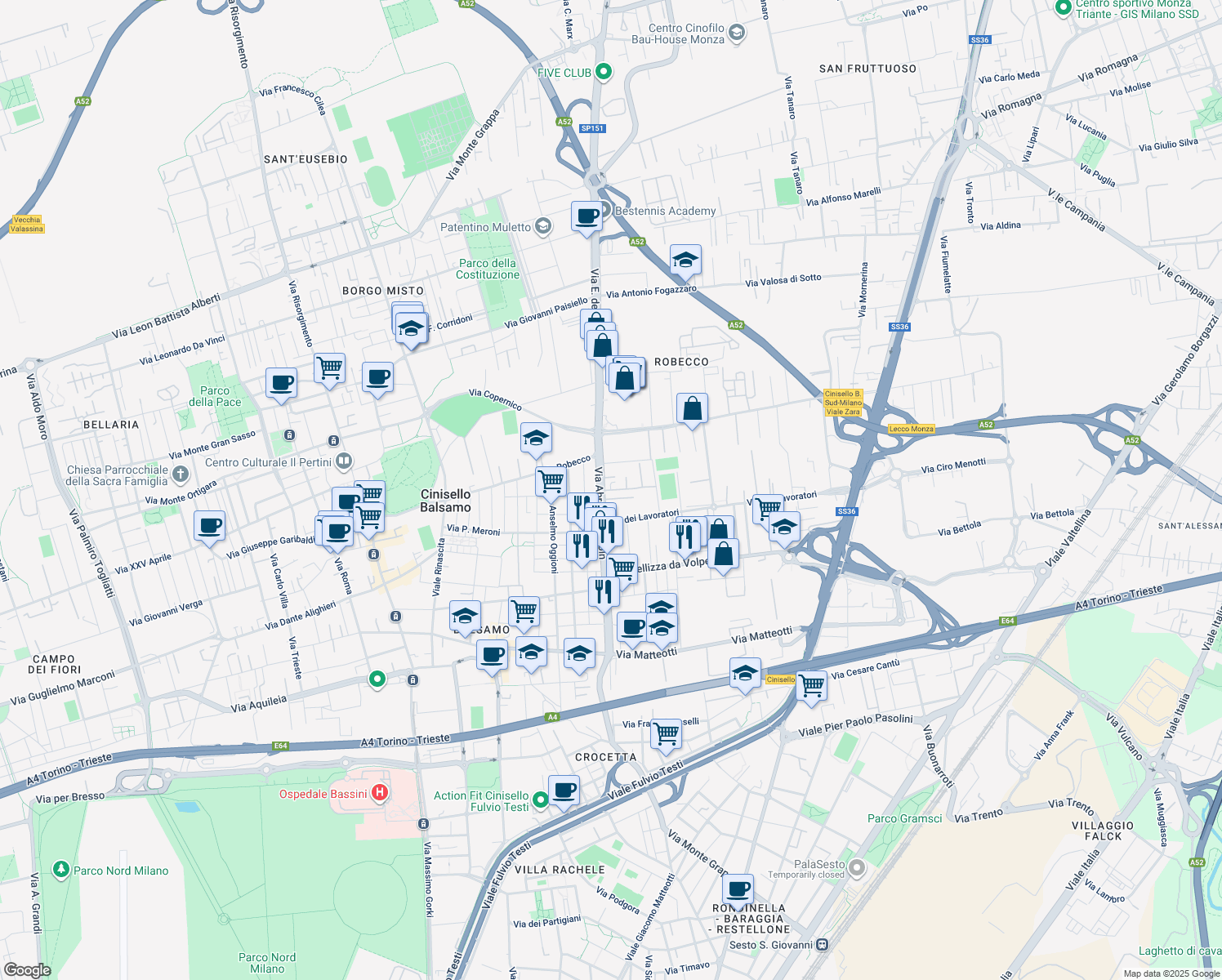 map of restaurants, bars, coffee shops, grocery stores, and more near Via Lincoln in Cinisello Balsamo