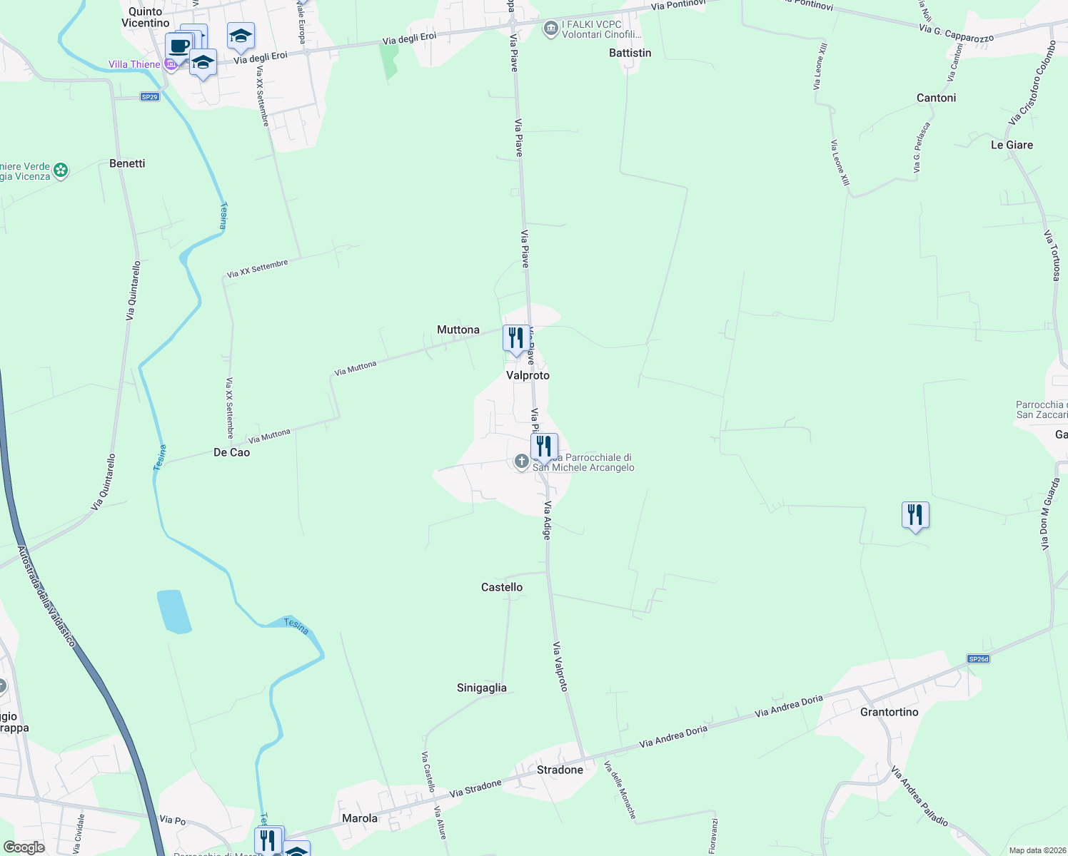 map of restaurants, bars, coffee shops, grocery stores, and more near 57 Via Piave in Valproto