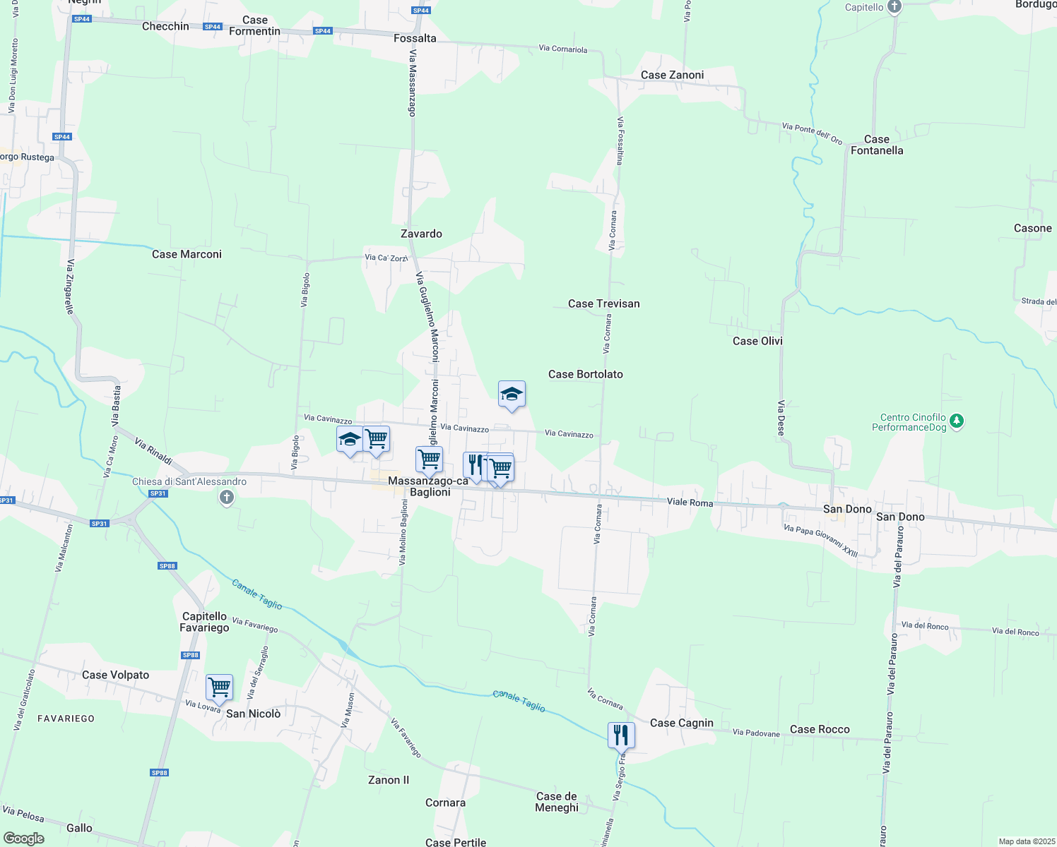 map of restaurants, bars, coffee shops, grocery stores, and more near 37 Via Cavinazzo in Massanzago-ca' Baglioni