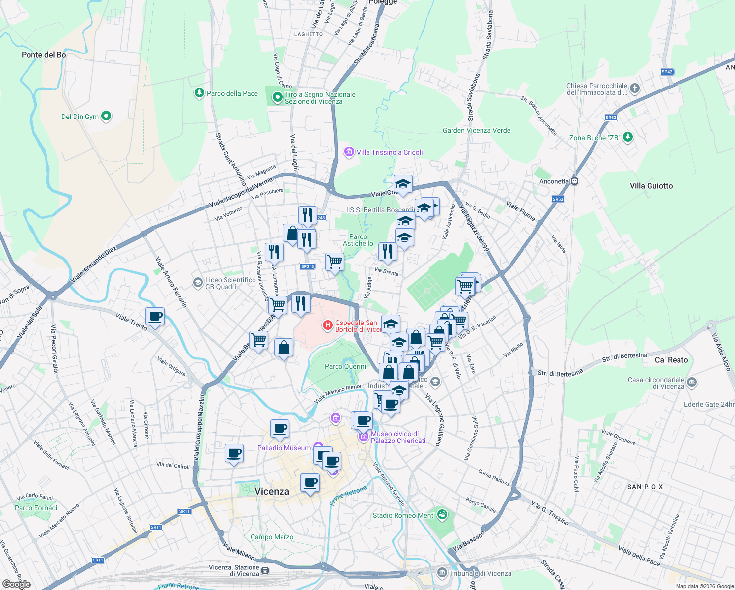 map of restaurants, bars, coffee shops, grocery stores, and more near 16 Via Adige in Vicenza