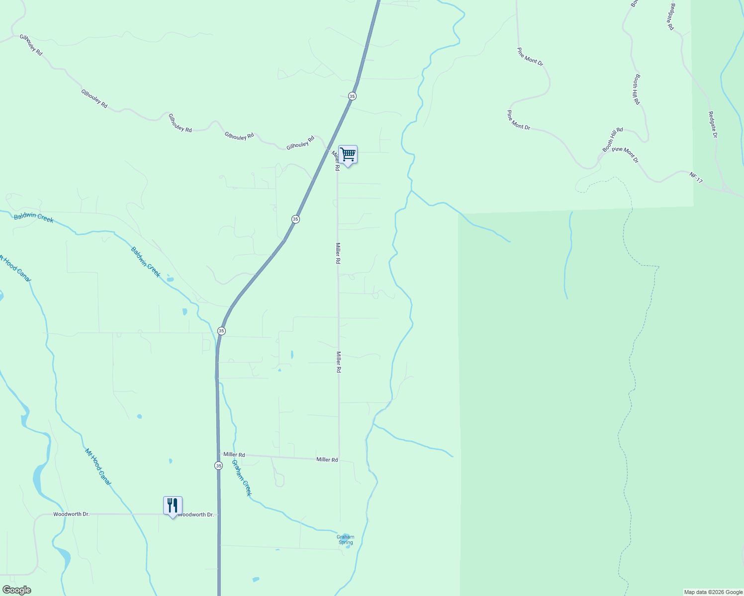 map of restaurants, bars, coffee shops, grocery stores, and more near 3973 Herriot Drive in Mount Hood