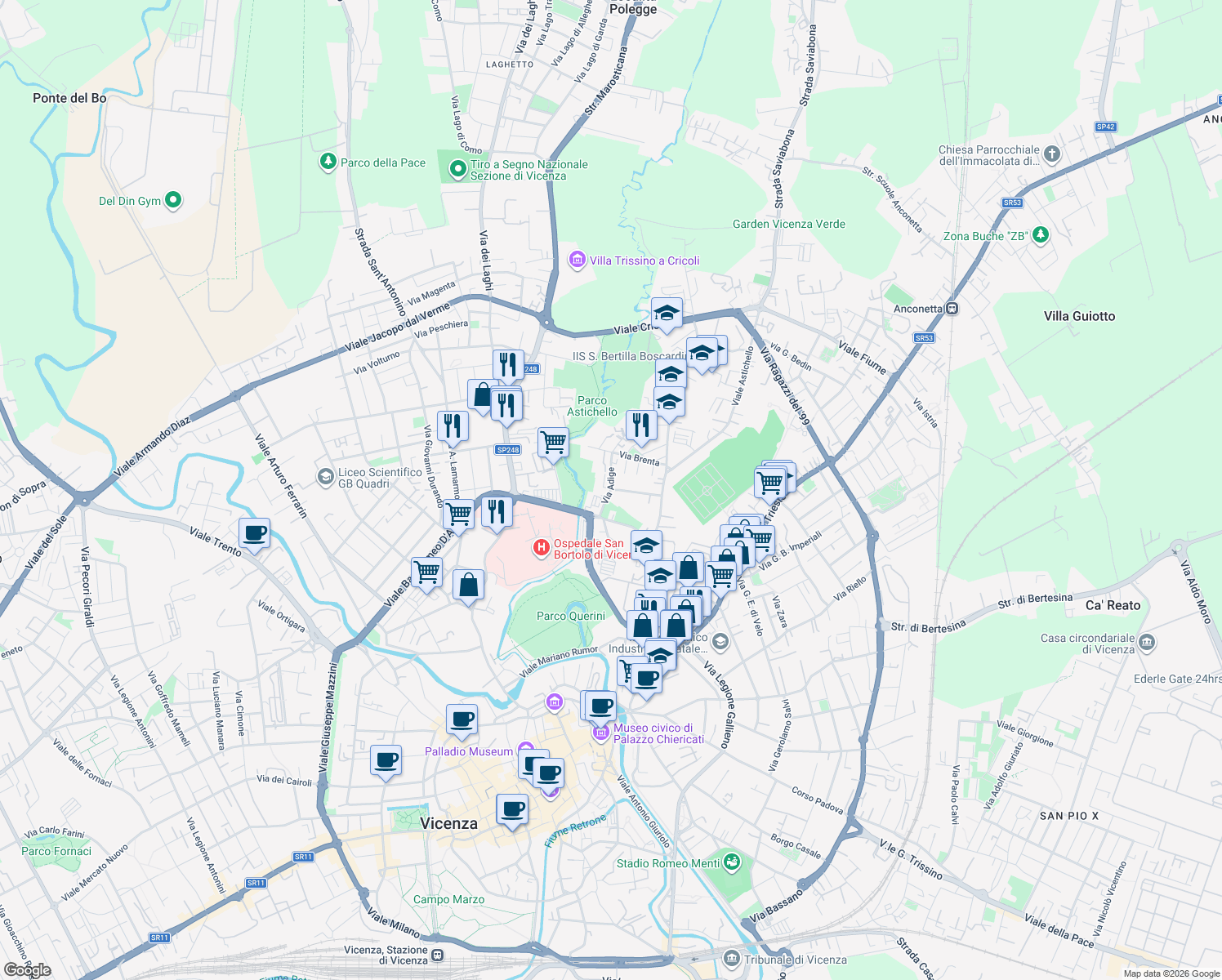 map of restaurants, bars, coffee shops, grocery stores, and more near 16 Via Adige in Vicenza