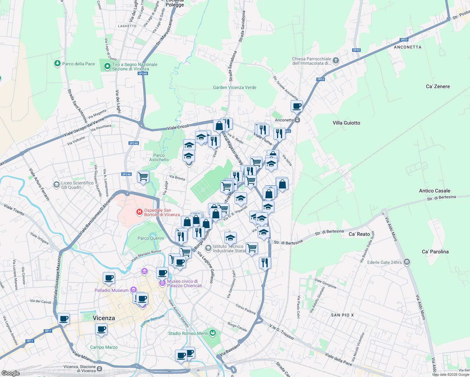 map of restaurants, bars, coffee shops, grocery stores, and more near 3 Via Alessandro Massaria in Vicenza