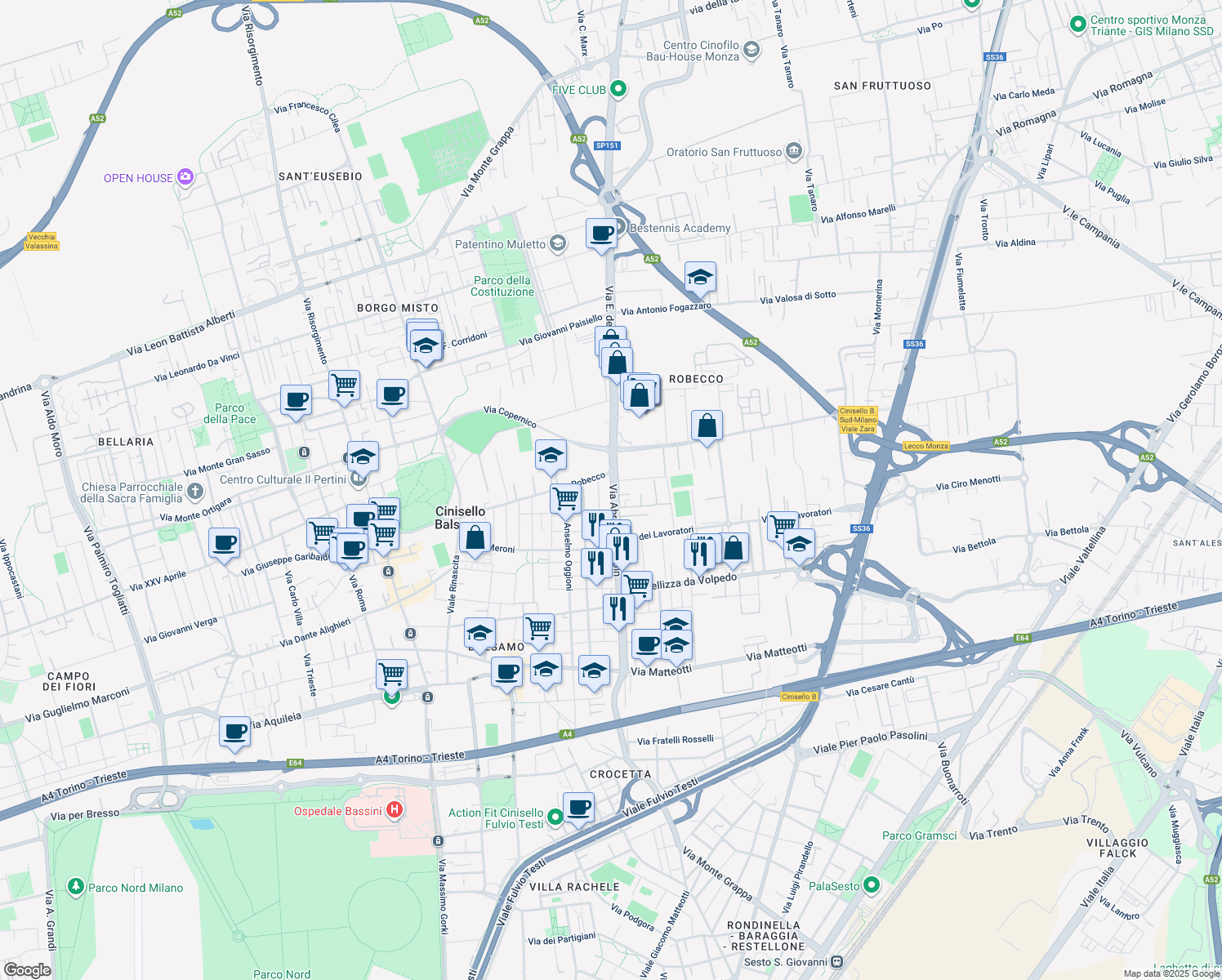 map of restaurants, bars, coffee shops, grocery stores, and more near 18 Via A. Catalani in Cinisello Balsamo