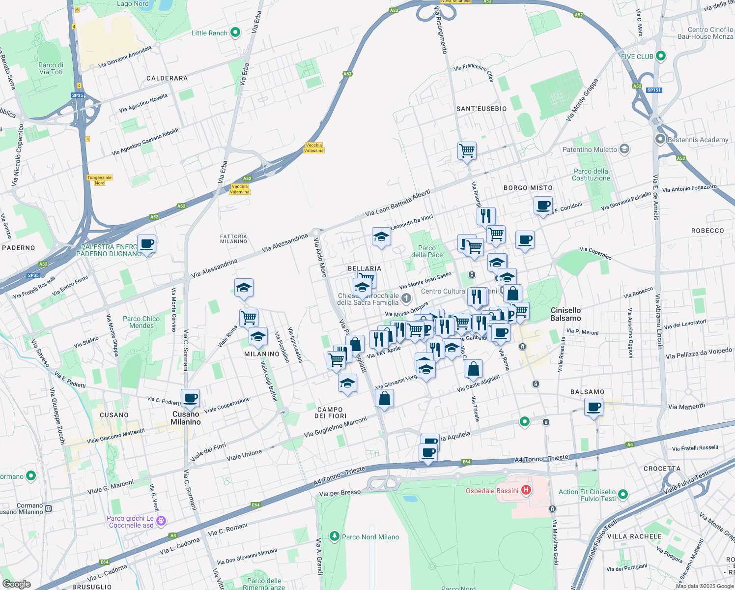 map of restaurants, bars, coffee shops, grocery stores, and more near 22 Via Monte Spluga in Cinisello Balsamo