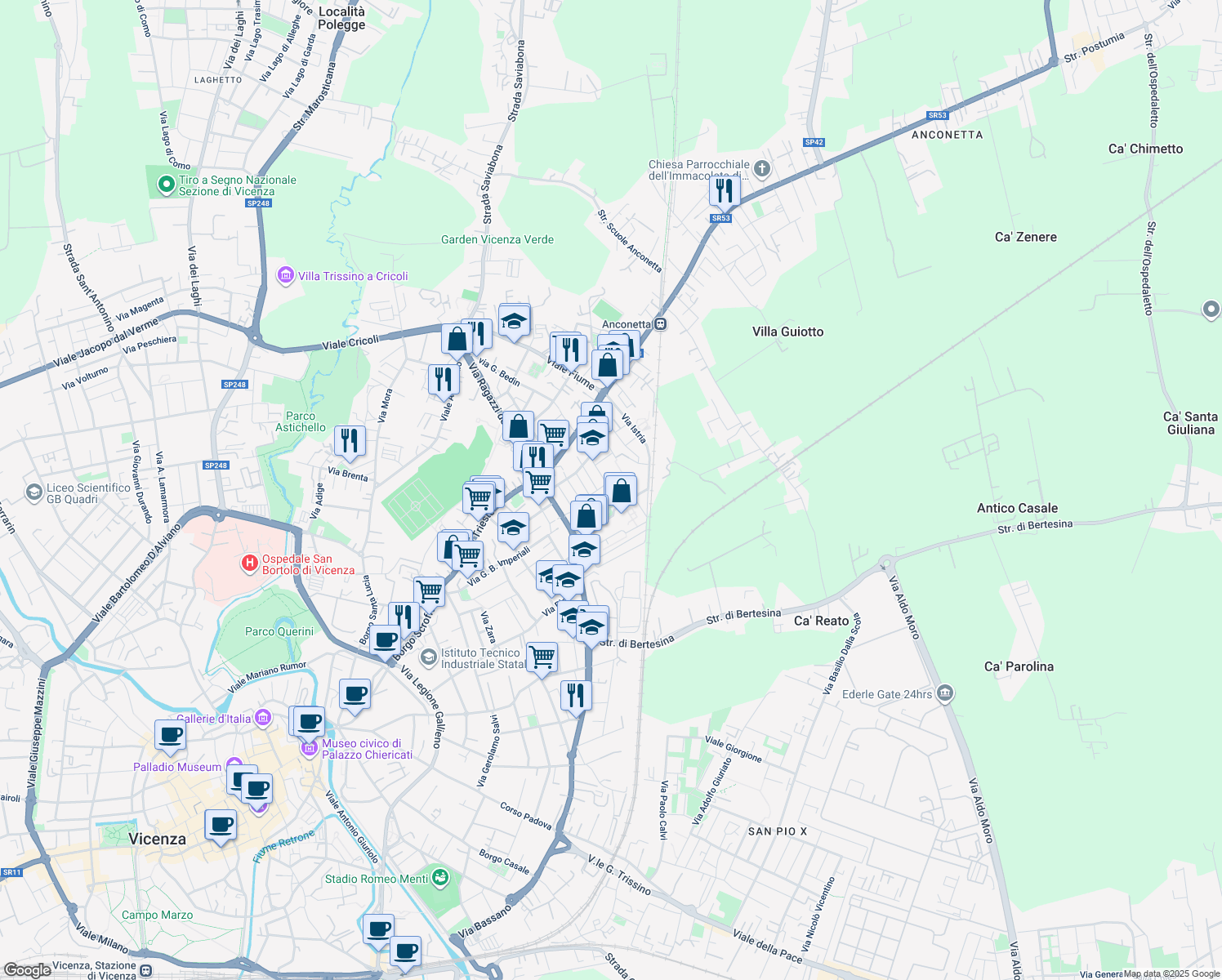 map of restaurants, bars, coffee shops, grocery stores, and more near in Vicenza