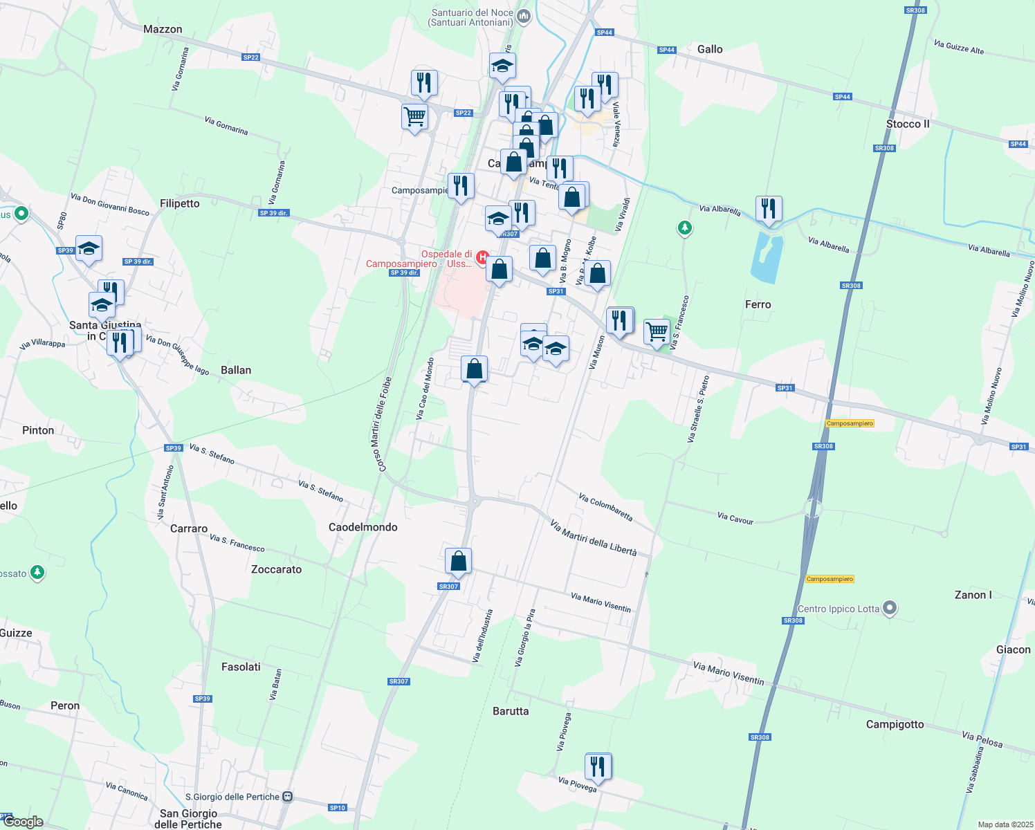 map of restaurants, bars, coffee shops, grocery stores, and more near 27 Via Giacomo Puccini in Camposampiero