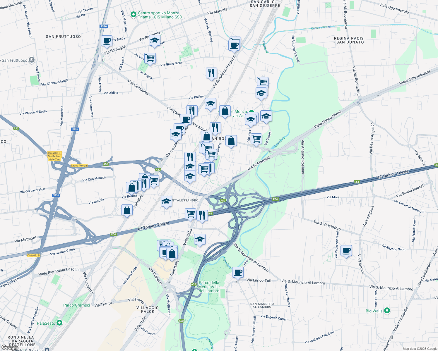 map of restaurants, bars, coffee shops, grocery stores, and more near 9 Via Solone in Monza