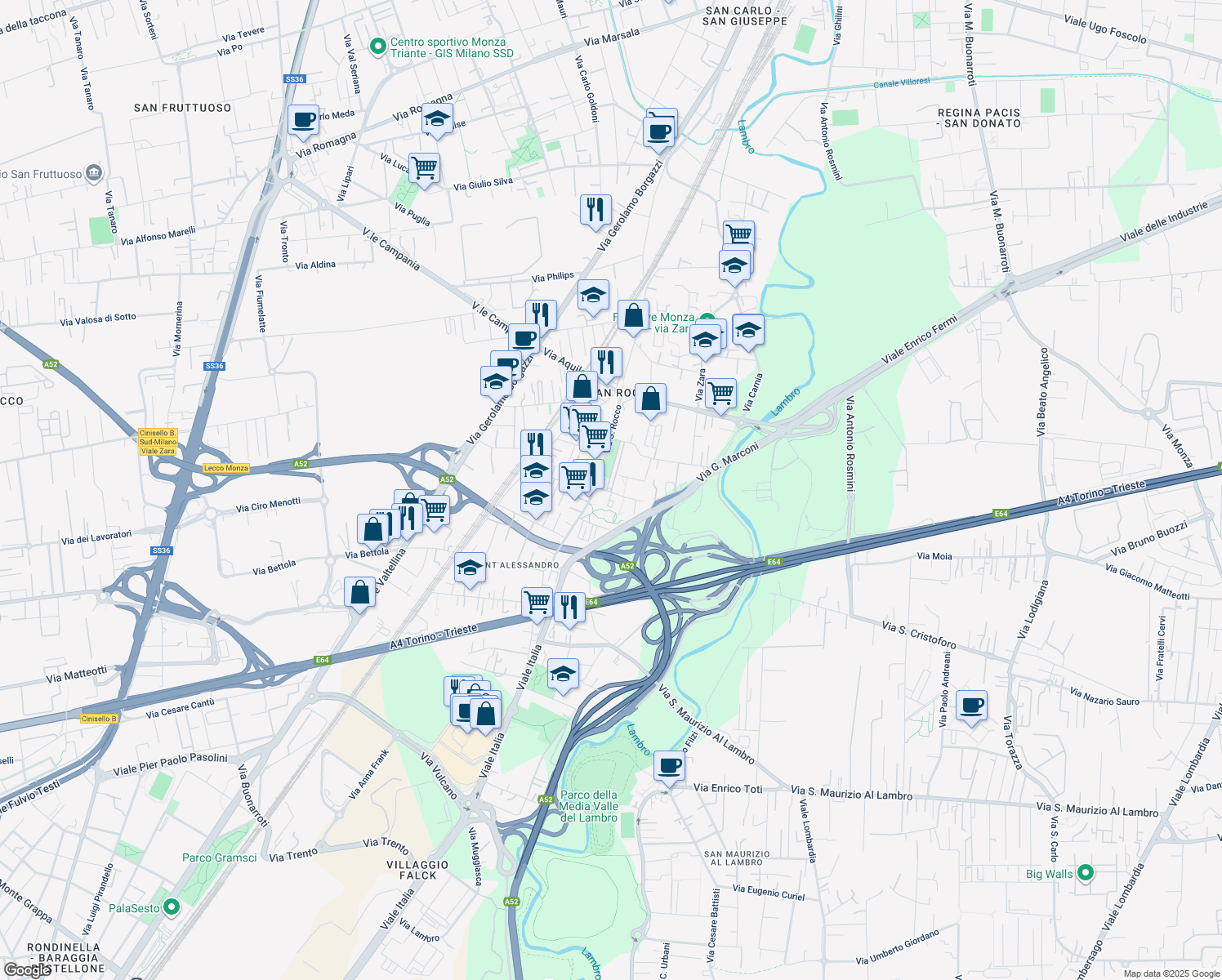 map of restaurants, bars, coffee shops, grocery stores, and more near 9 Via Solone in Monza