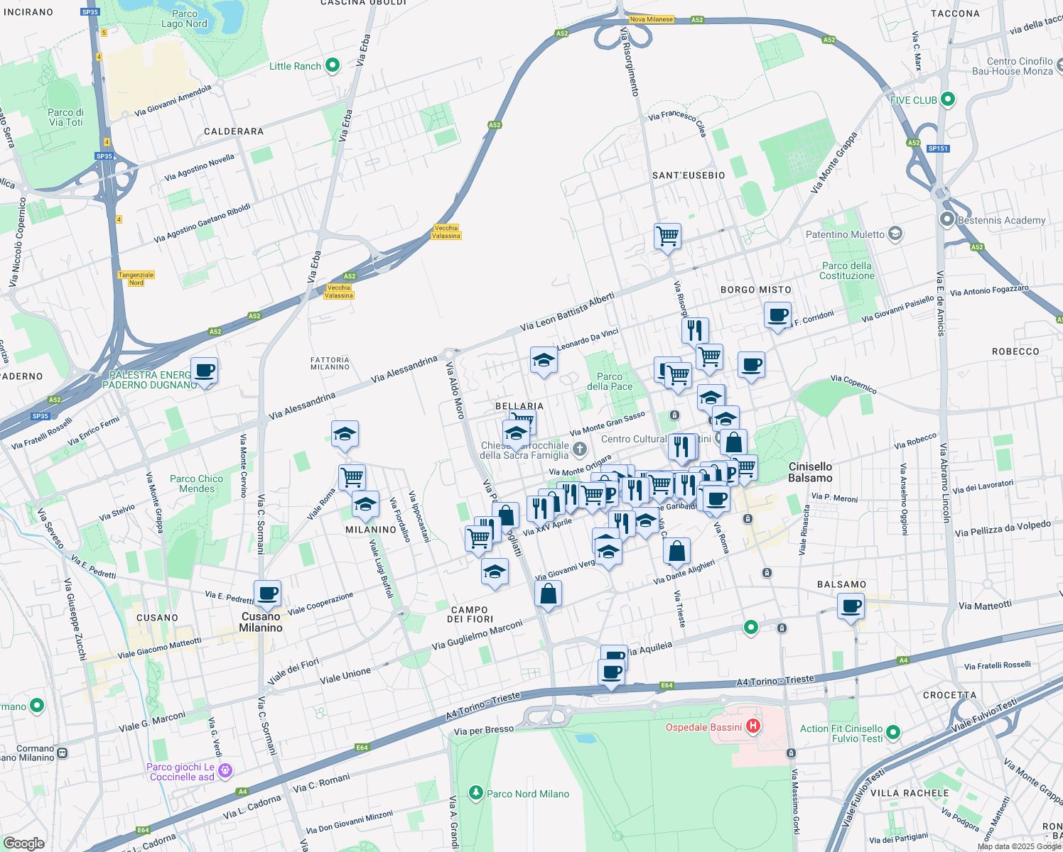 map of restaurants, bars, coffee shops, grocery stores, and more near 22 Via Monte Spluga in Cinisello Balsamo
