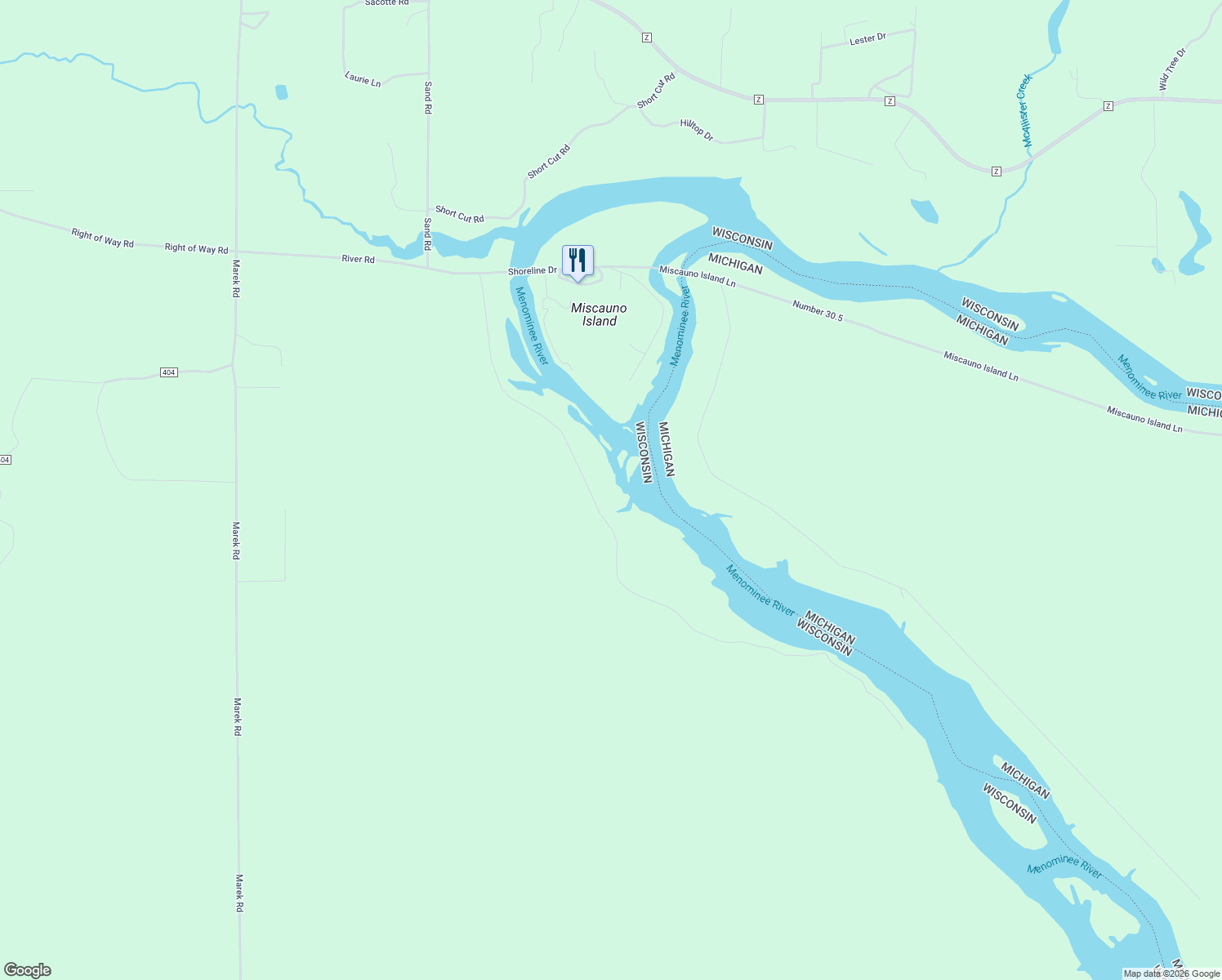 map of restaurants, bars, coffee shops, grocery stores, and more near 16632 River Road in Pembine