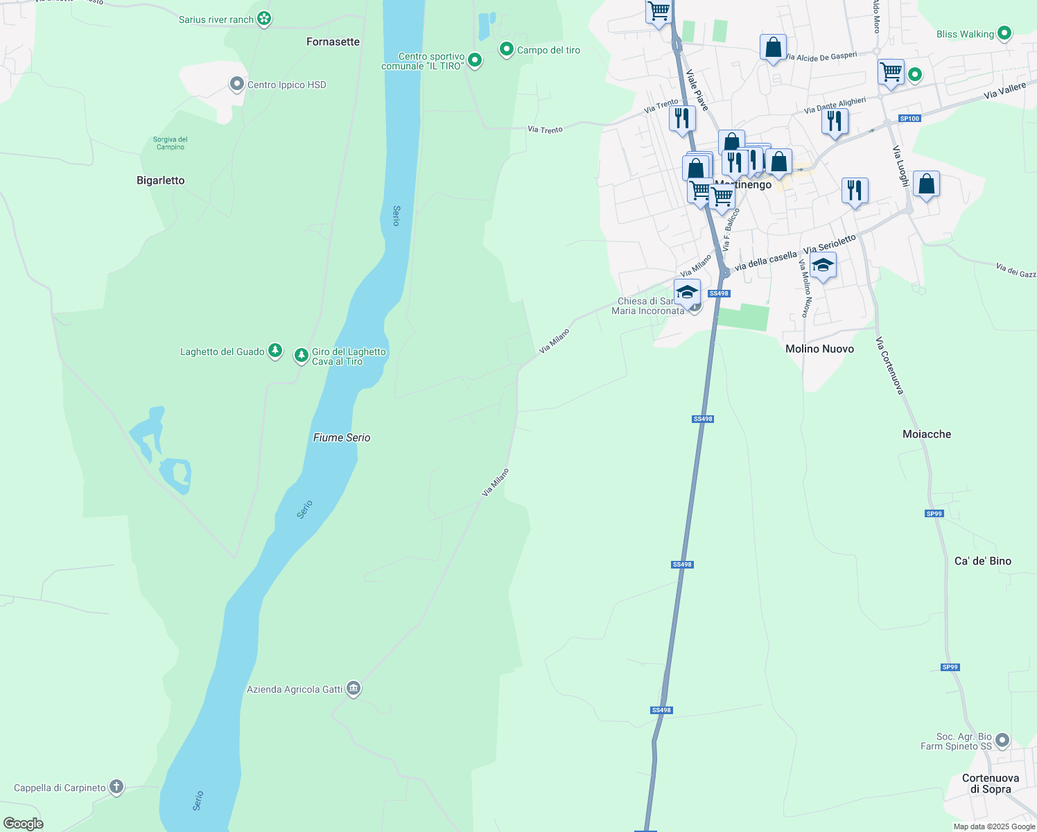 map of restaurants, bars, coffee shops, grocery stores, and more near 9 Via Milano in Provincia di Bergamo
