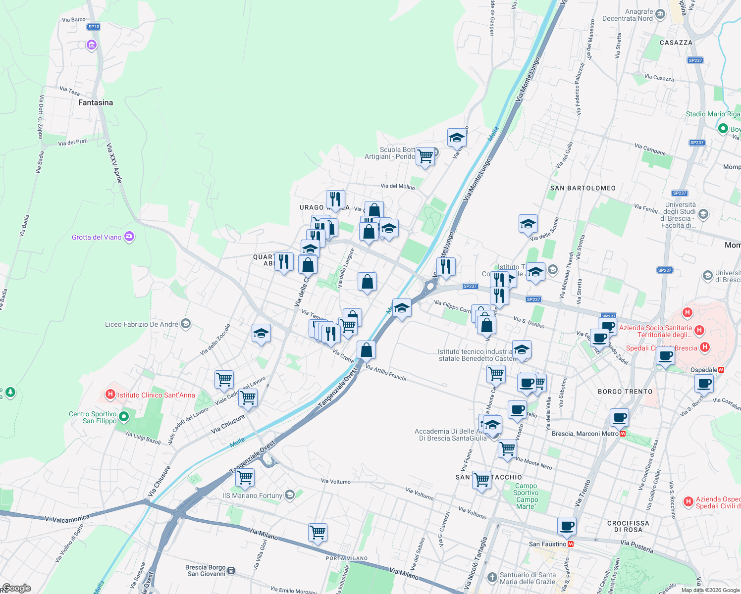 map of restaurants, bars, coffee shops, grocery stores, and more near 24 Via Don Giacomo Vender in Brescia