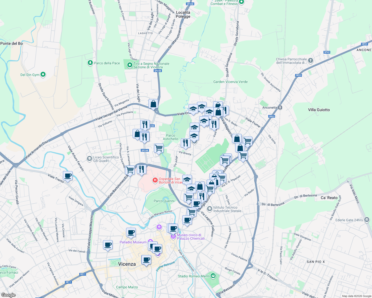 map of restaurants, bars, coffee shops, grocery stores, and more near 10 Via Brenta in Vicenza