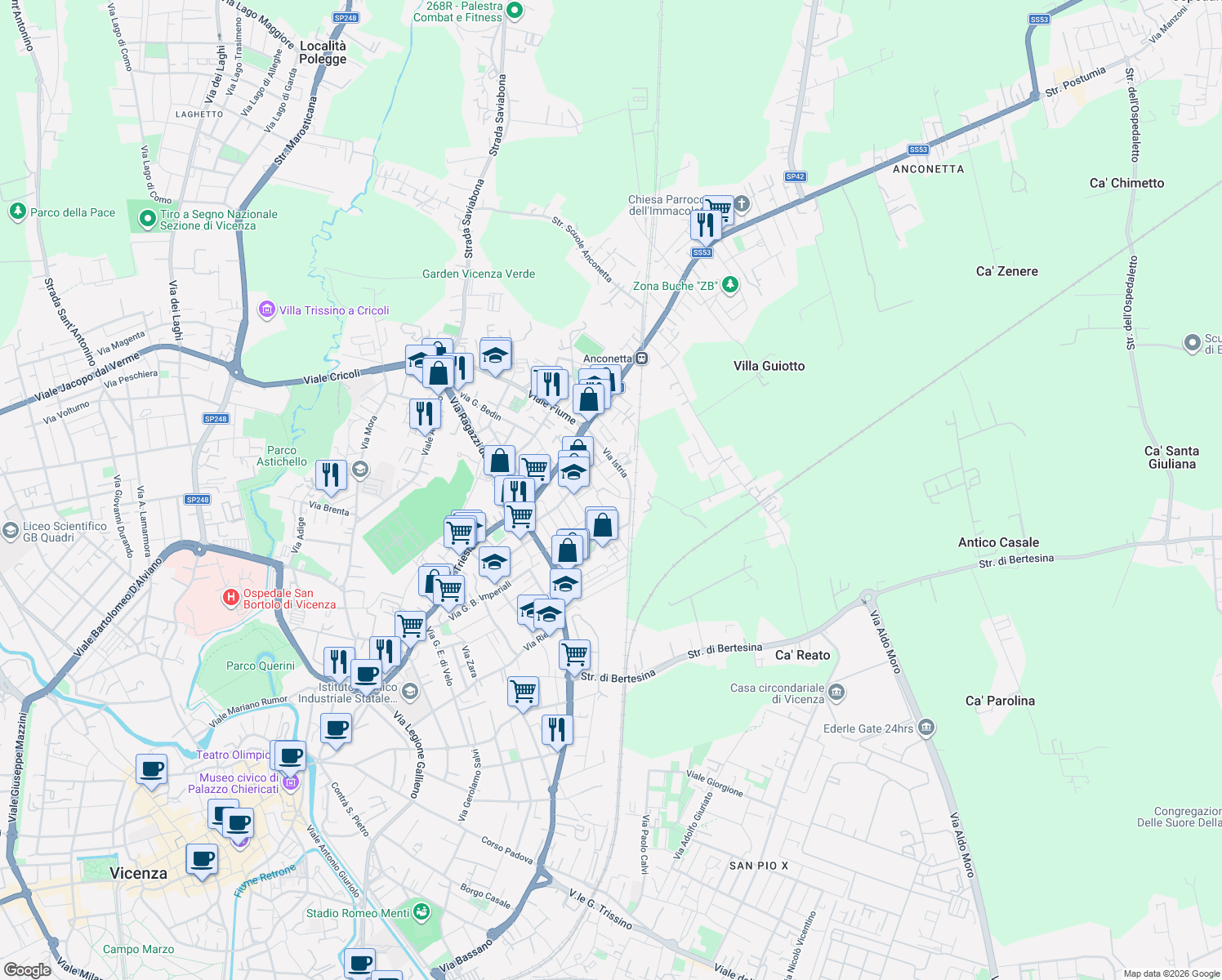 map of restaurants, bars, coffee shops, grocery stores, and more near 5 Via Antonio Sandri in Vicenza