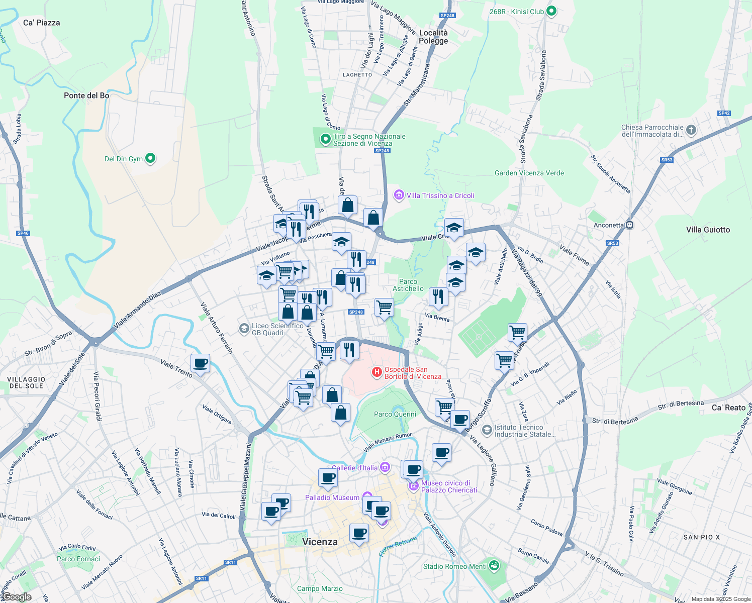 map of restaurants, bars, coffee shops, grocery stores, and more near Via Solerino in Vicenza
