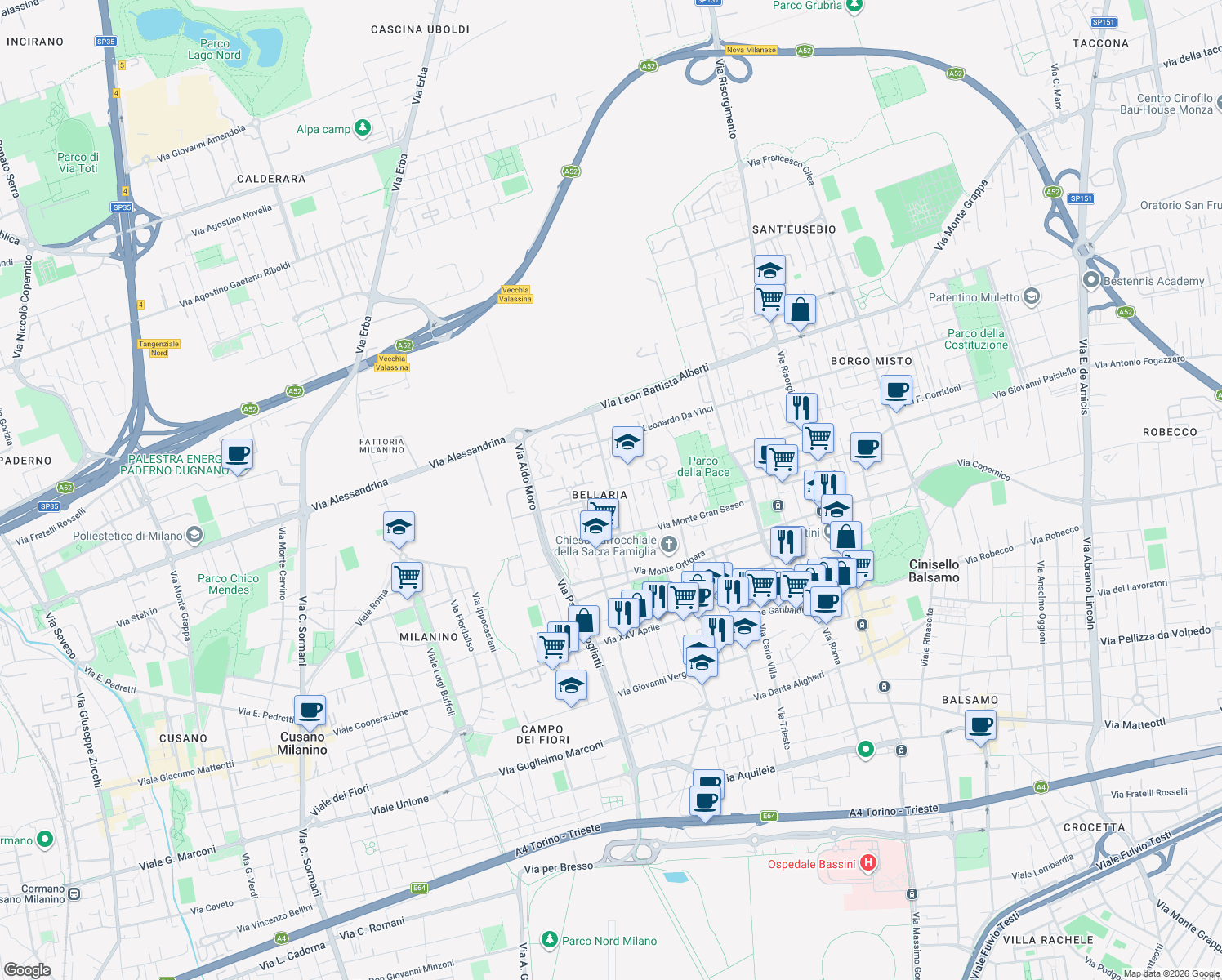 map of restaurants, bars, coffee shops, grocery stores, and more near 54 Via Francesco Guardi in Cinisello Balsamo