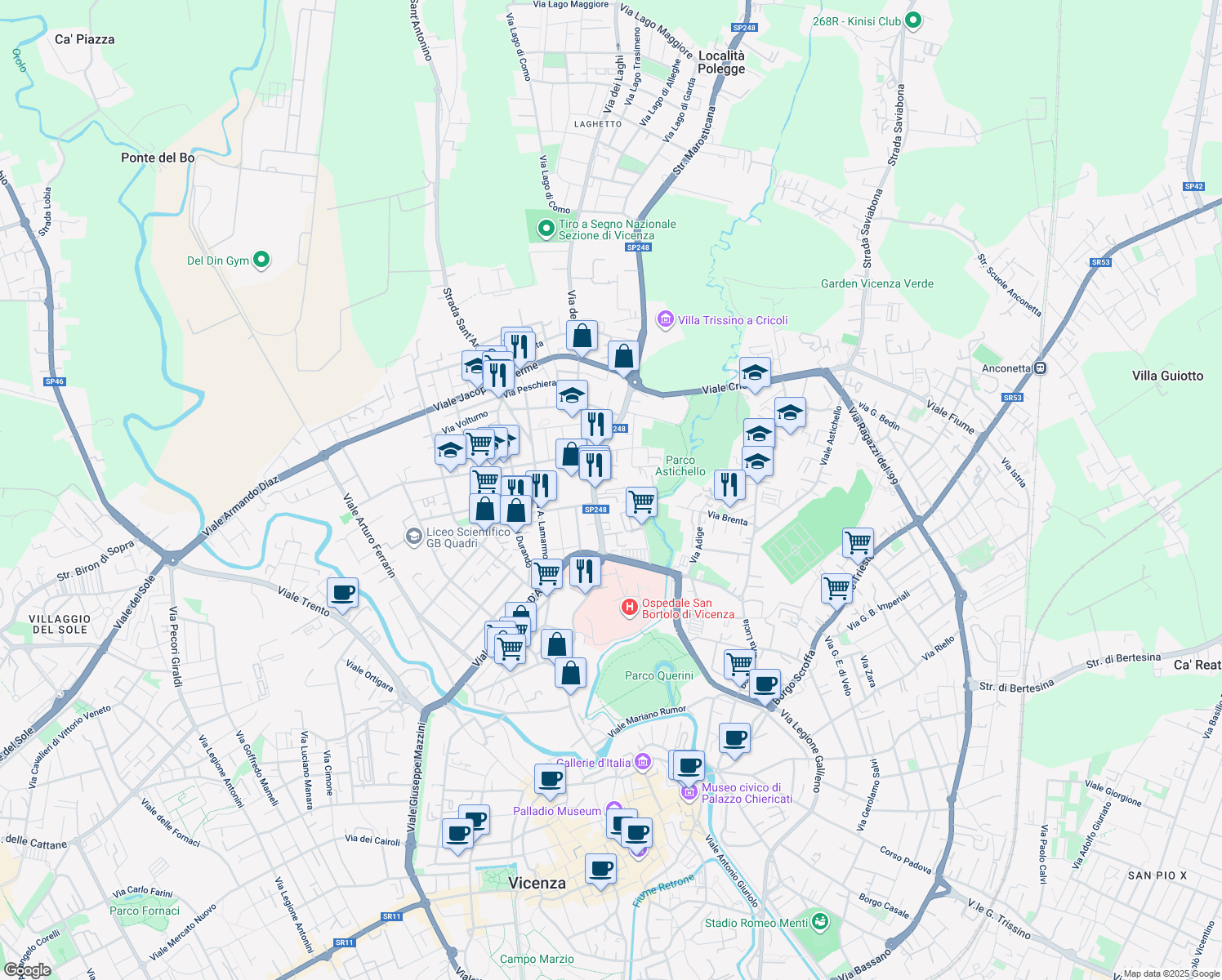 map of restaurants, bars, coffee shops, grocery stores, and more near Via Solferino in Vicenza