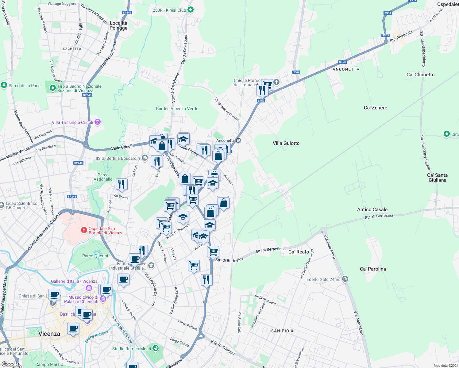 map of restaurants, bars, coffee shops, grocery stores, and more near 5 Via Antonio Sandri in Vicenza