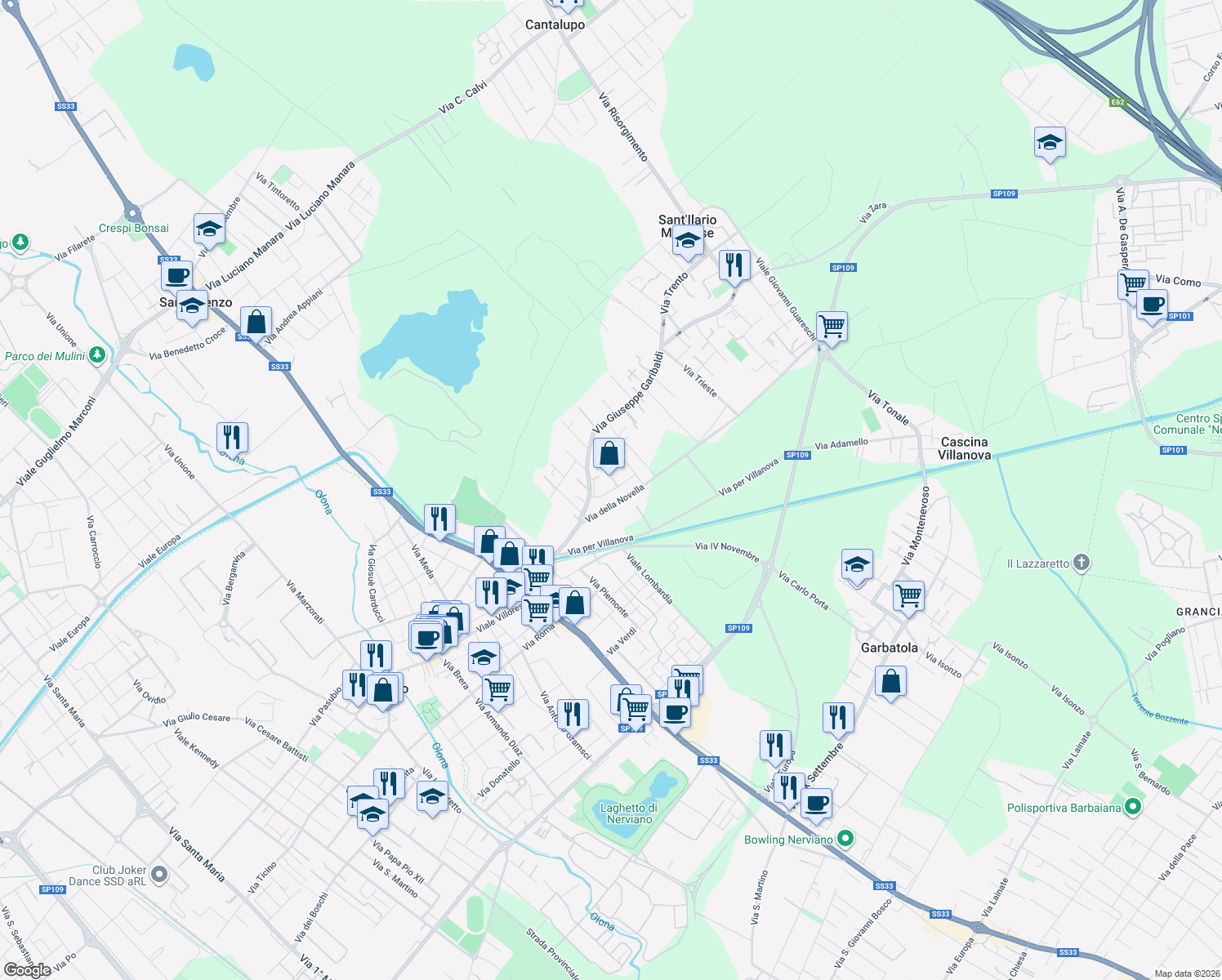 map of restaurants, bars, coffee shops, grocery stores, and more near 140 Via Garibaldi in Nerviano