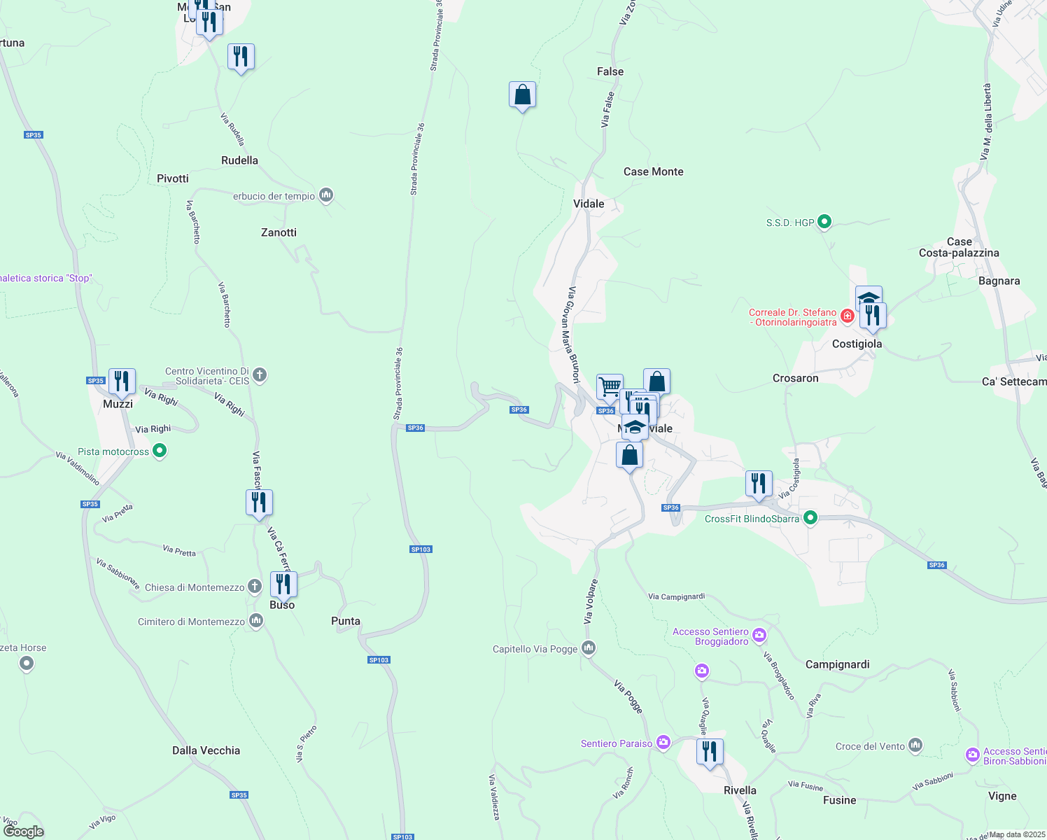 map of restaurants, bars, coffee shops, grocery stores, and more near 25 Via Tovazzi in Provincia di Vicenza