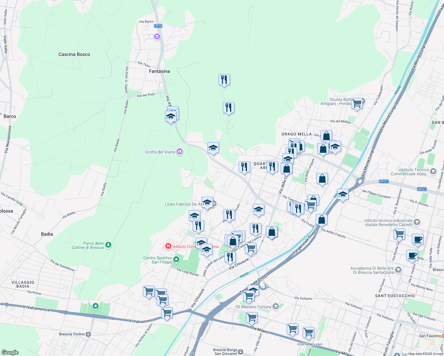 map of restaurants, bars, coffee shops, grocery stores, and more near 90 Via Torricella di Sotto in Brescia