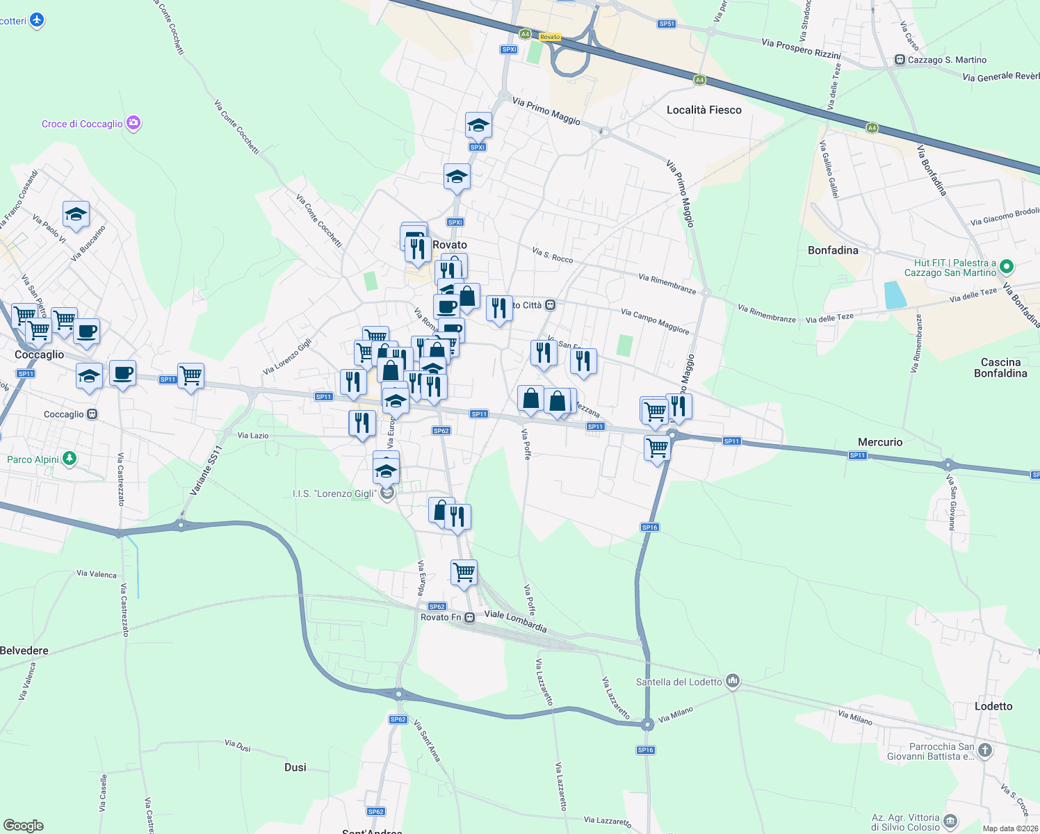 map of restaurants, bars, coffee shops, grocery stores, and more near 125 Via 25 Aprile in Rovato