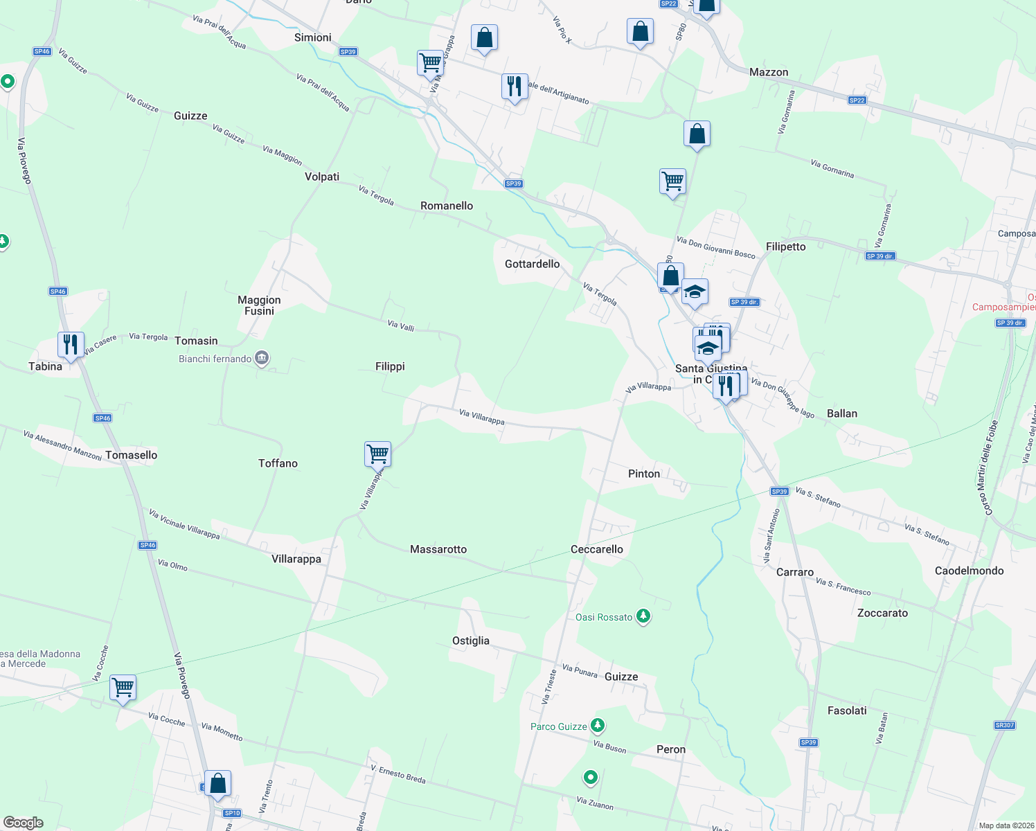 map of restaurants, bars, coffee shops, grocery stores, and more near 92 Via Villarappa in Santa Giustina In Colle