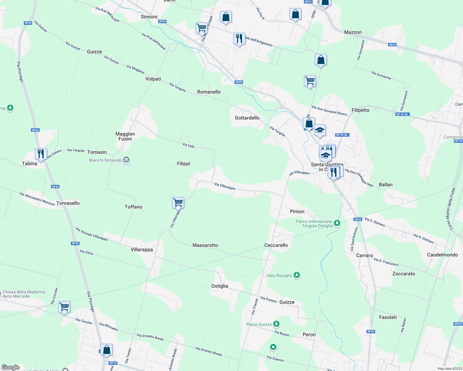 map of restaurants, bars, coffee shops, grocery stores, and more near 92 Via Villarappa in Santa Giustina In Colle