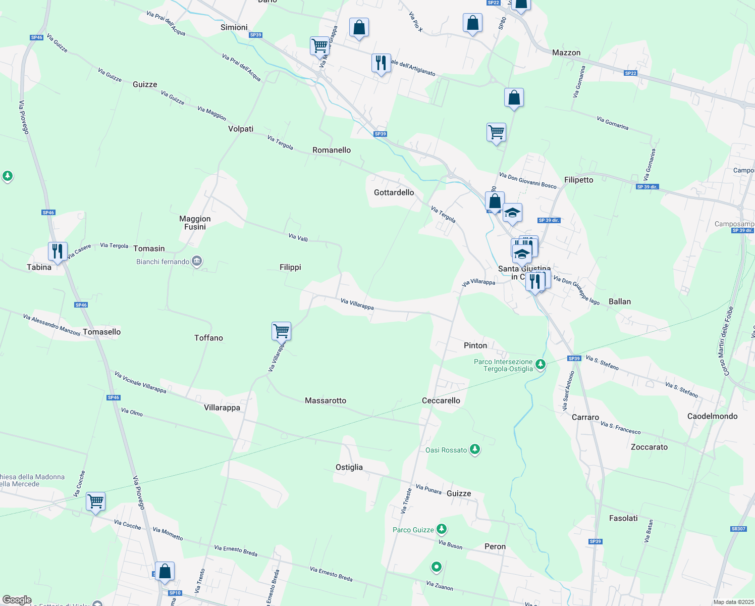 map of restaurants, bars, coffee shops, grocery stores, and more near 92 Via Villarappa in Santa Giustina In Colle