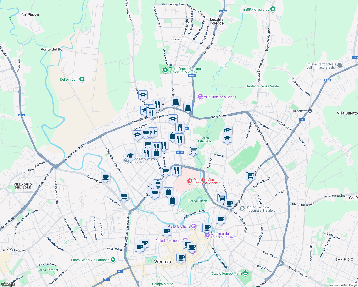 map of restaurants, bars, coffee shops, grocery stores, and more near Via Giacomo Medici in Vicenza