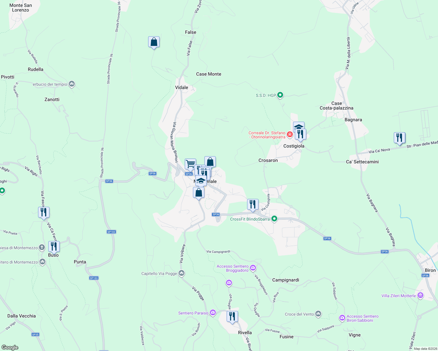 map of restaurants, bars, coffee shops, grocery stores, and more near 14 Via Vicolo Castello in Monteviale