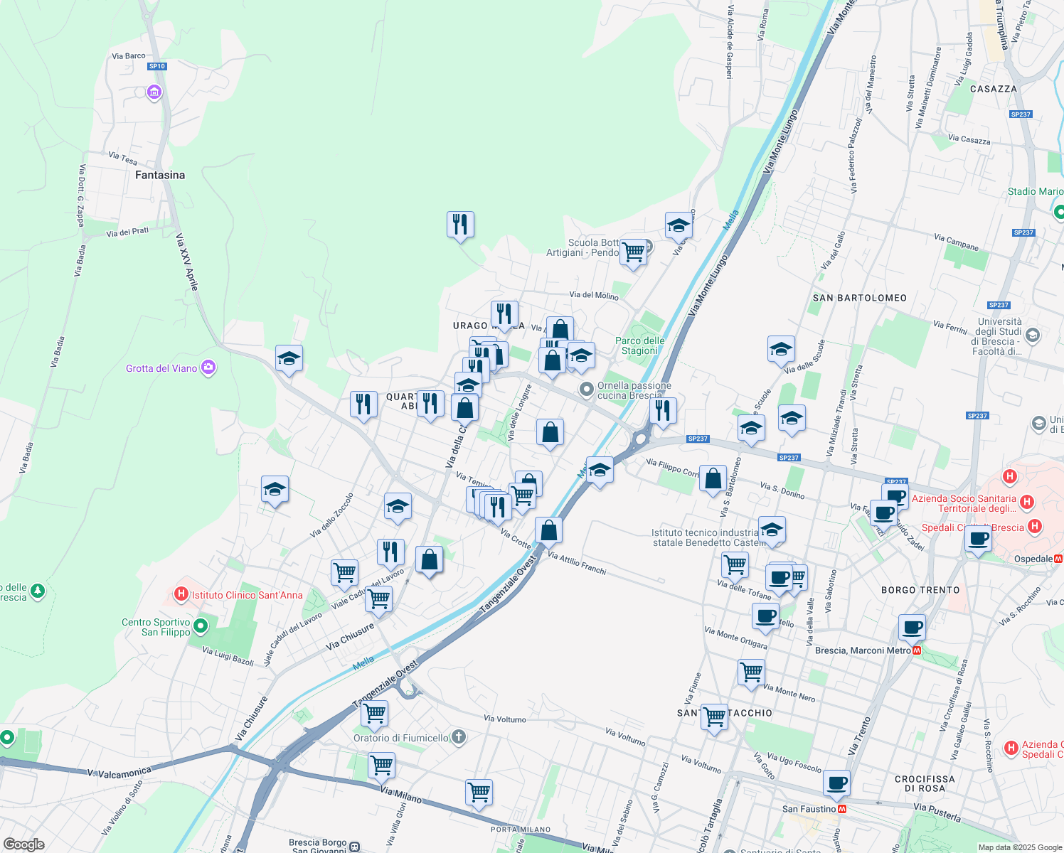 map of restaurants, bars, coffee shops, grocery stores, and more near 3 Via Gaetano Fornasini in Brescia