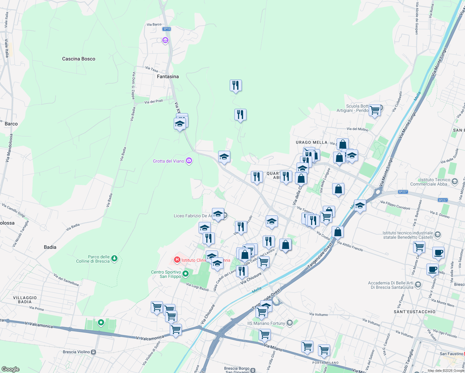 map of restaurants, bars, coffee shops, grocery stores, and more near 90 Via Torricella di Sotto in Brescia