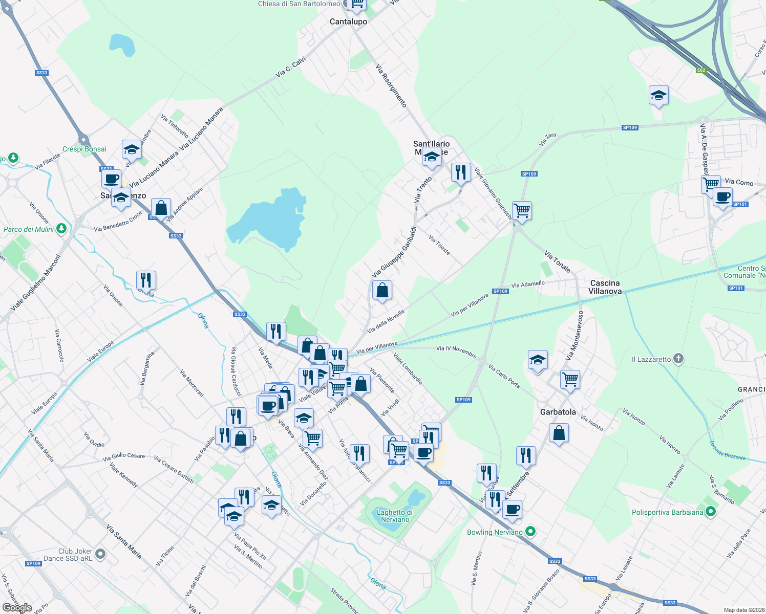 map of restaurants, bars, coffee shops, grocery stores, and more near 140 Via Giuseppe Garibaldi in Nerviano