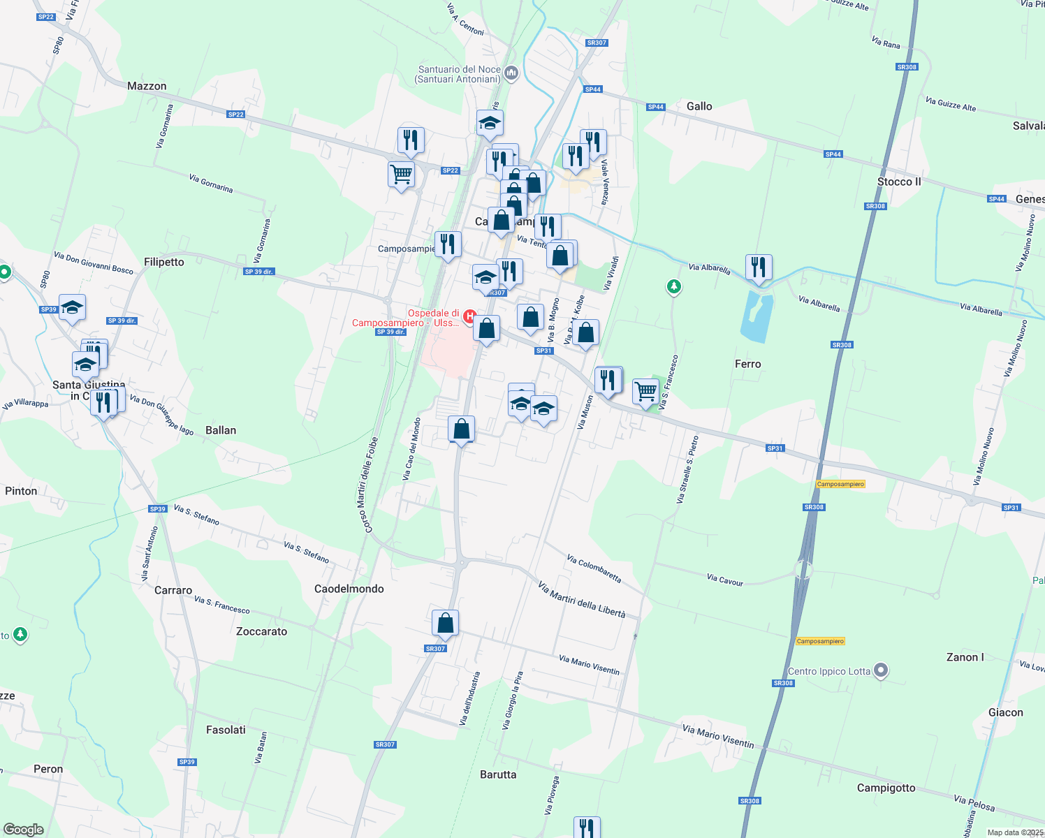 map of restaurants, bars, coffee shops, grocery stores, and more near 27 Via Giacomo Puccini in Camposampiero