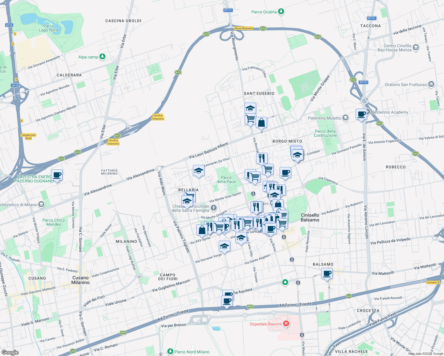 map of restaurants, bars, coffee shops, grocery stores, and more near 54 Via Francesco Guardi in Cinisello Balsamo