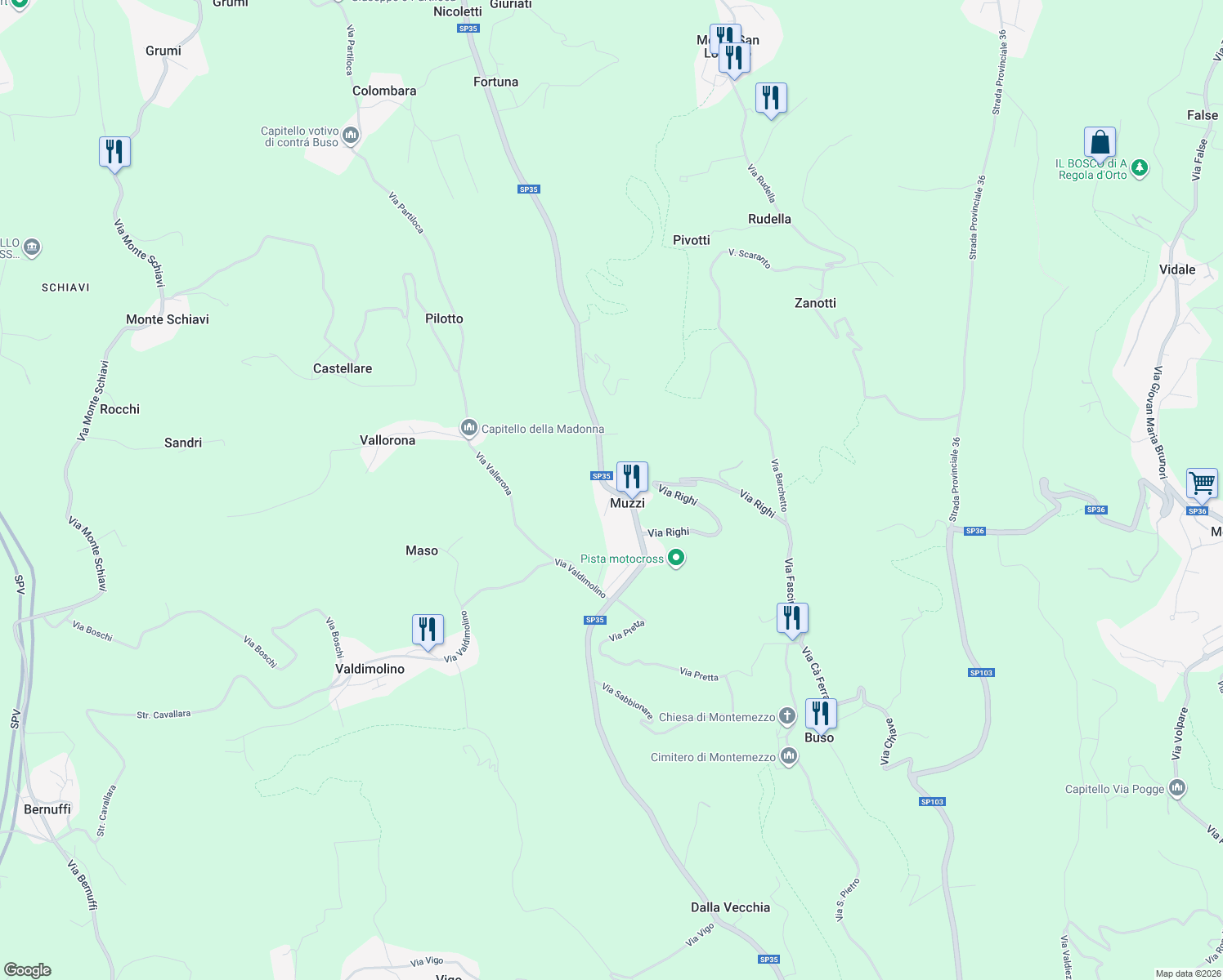 map of restaurants, bars, coffee shops, grocery stores, and more near 46 Via del Muzzi in Muzzi