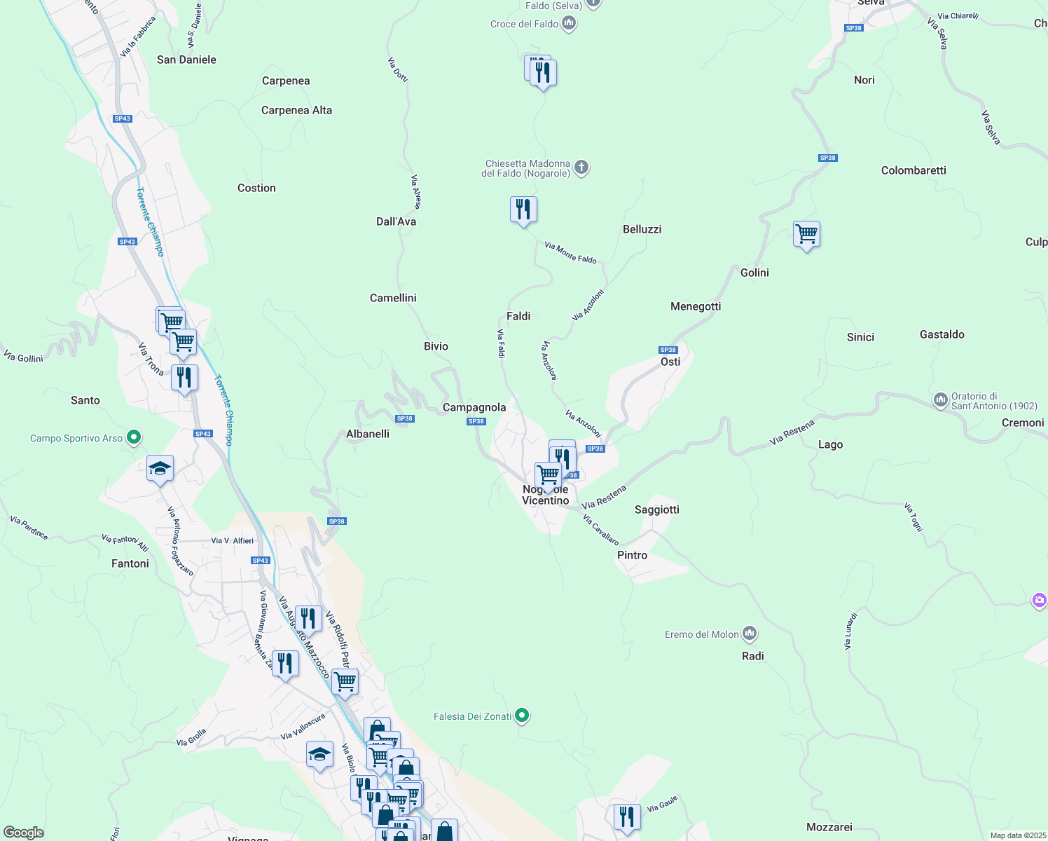 map of restaurants, bars, coffee shops, grocery stores, and more near 15 Via Faldi in Nogarole Vicentino