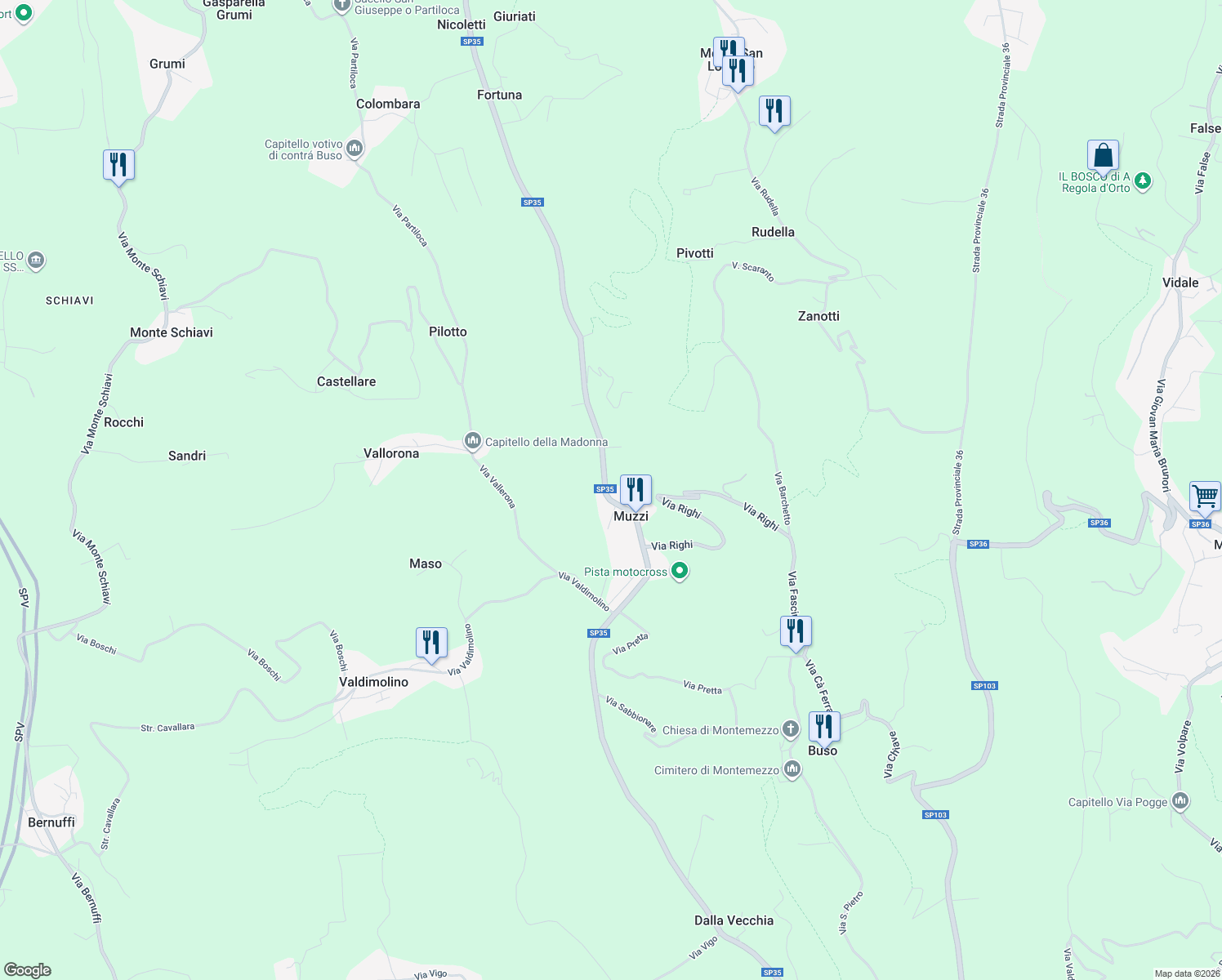 map of restaurants, bars, coffee shops, grocery stores, and more near 46 Via Muzzi in Muzzi