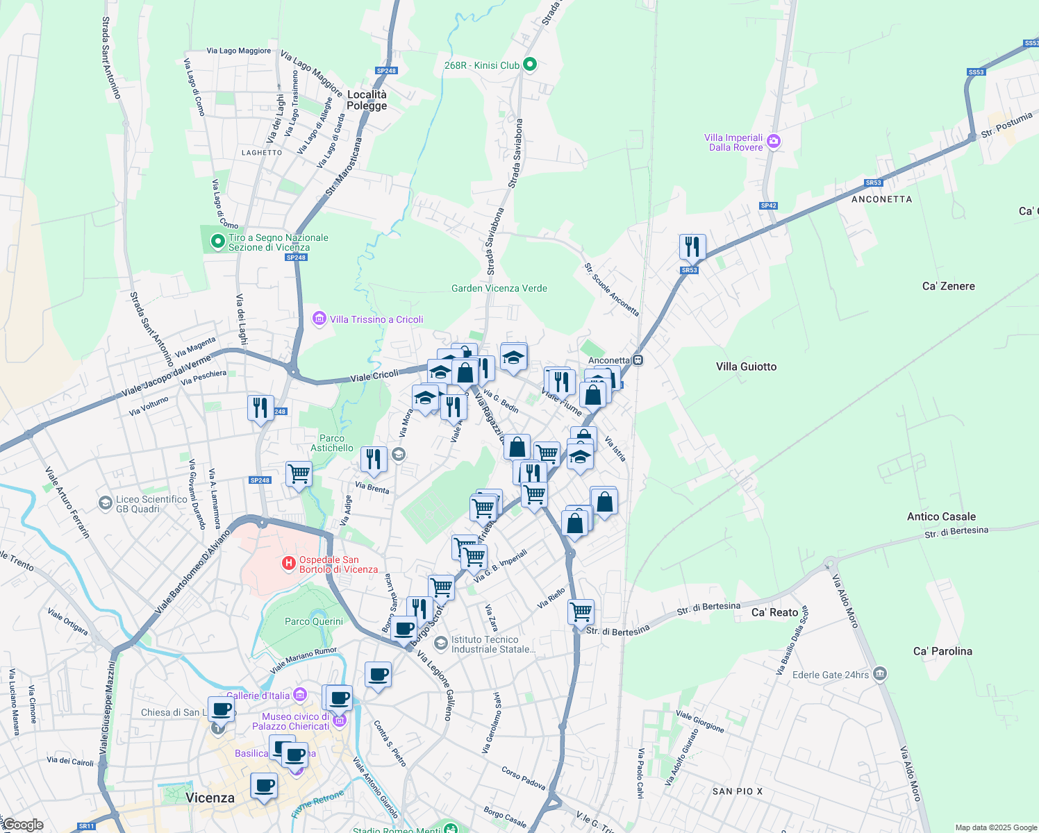 map of restaurants, bars, coffee shops, grocery stores, and more near 72 Via G. Bedin in Vicenza