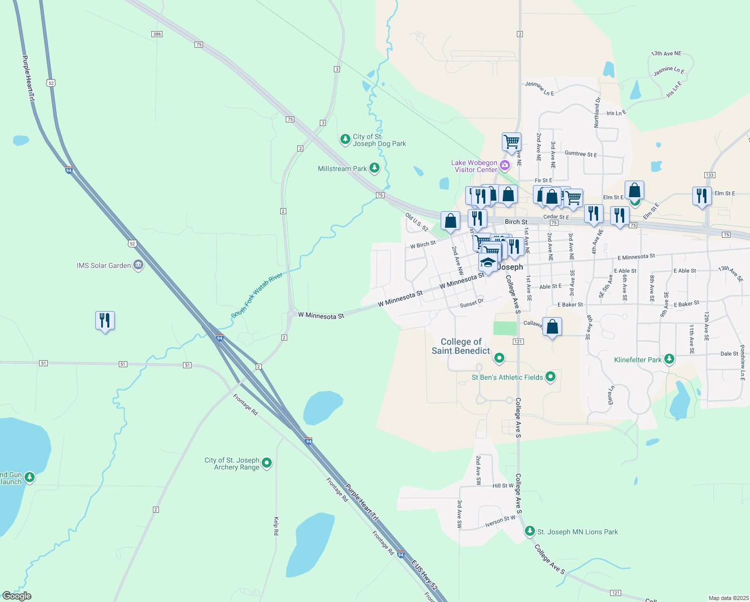 map of restaurants, bars, coffee shops, grocery stores, and more near 601 West Minnesota Street in Saint Joseph